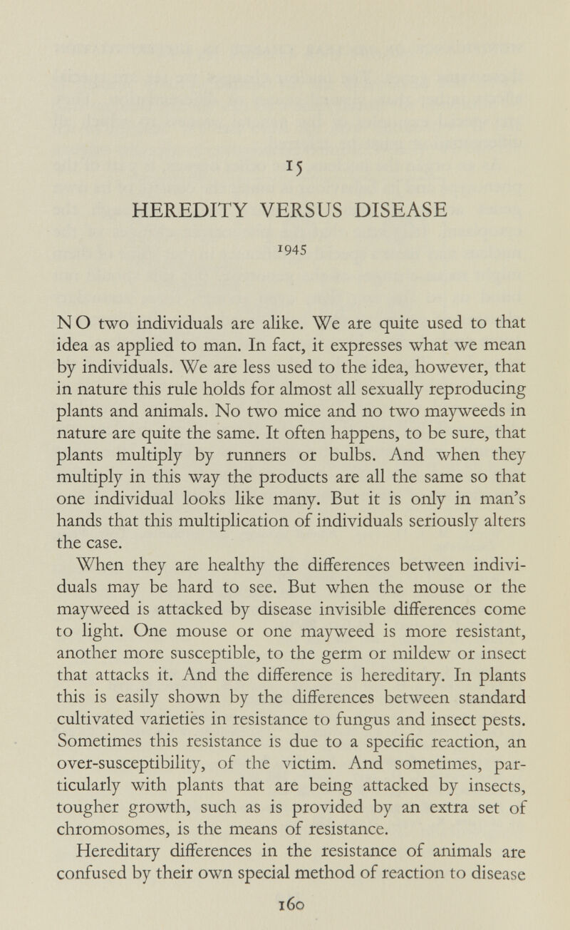 15 HEREDITY VERSUS DISEASE 1945 NO two individuals are alike. We are quite used to that idea as applied to man. In fact, it expresses what we mean by individuals. We are less used to the idea, however, that in nature this rule holds for almost all sexually reproducing plants and animals. No two mice and no two mayweeds in nature are quite the same. It often happens, to be sure, that plants multiply by runners or bulbs. And when they multiply in this way the products are all the same so that one individual looks like many. But it is only in man's hands that this multiplication of individuals seriously alters the case. When they are healthy the differences between indivi¬ duals may be hard to see. But when the mouse or the mayweed is attacked by disease invisible differences come to light. One mouse or one mayweed is more resistant, another more susceptible, to the germ or mildew or insect that attacks it. And the difference is hereditary. In plants this is easily shown by the differences between standard cultivated varieties in resistance to fungus and insect pests. Sometimes this resistance is due to a specific reaction, an over-susceptibility, of the victim. And sometimes, par¬ ticularly with plants that are being attacked by insects, tougher growth, such as is provided by an extra set of chromosomes, is the means of resistance. Hereditär)^ differences in the resistance of animals are confused by their own special method of reaction to disease 160