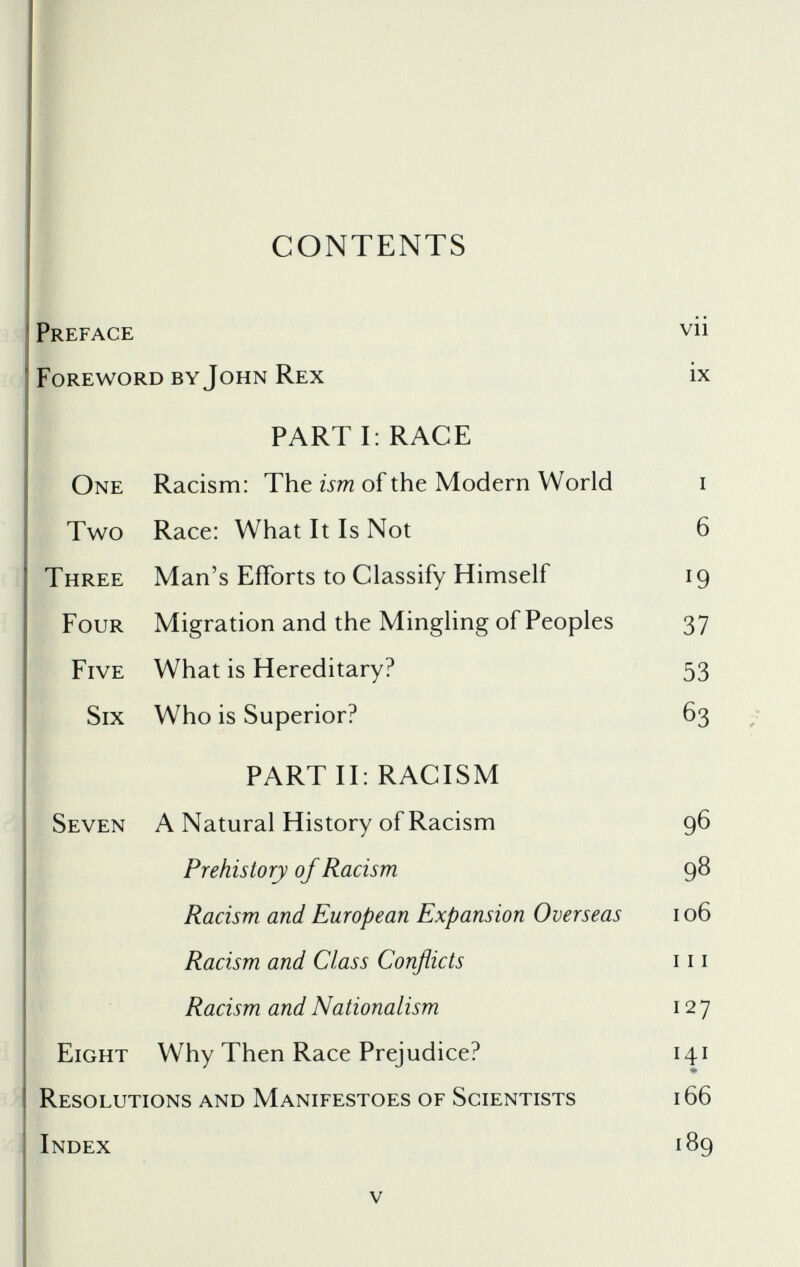 CONTENTS Preface vii Foreword by John Rex ix PARTI: RACE One Racism: The ism of the Modern World i Two Race: What It Is Not 6 Three Man’s Efforts to Classify Himself 19 Four Migration and the Mingling of Peoples 37 Five What is Hereditary? 53 Six Who is Superior? 63 PART II: RACISM Seven A Natural History of Racism 96 Prehistory of Racism 98 Racism and European Expansion Overseas 106 Racism and Class Conflicts 111 Racism and Nationalism 12 7 Eight Why Then Race Prejudice? 141 ♦ Resolutions and Manifestoes of Scientists 166 Index 189