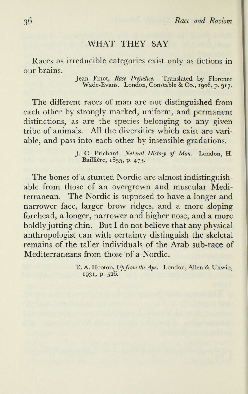 WHAT THEY SAY Races as irreducible categories exist only as fictions in our brains. Jean Finot, Race Prejudice. Translated by Florence Wade-Evans. London, Constable & Co., 1906, p. 317. The different races of man are not distinguished from each other by strongly marked, uniform, and permanent distinctions, as are the species belonging to any given tribe of animals. All the diversities which exist are vari able, and pass into each other by insensible gradations. J. C. Prichard, Natural History of Man. London, H. Baillière, 1855, p. 473. The bones of a stunted Nordic are almost indistinguish able from those of an overgrown and muscular Medi terranean. The Nordic is supposed to have a longer and narrower face, larger brow ridges, and a more sloping forehead, a longer, narrower and higher nose, and a more boldly jutting chin. But I do not believe that any physical anthropologist can with certainty distinguish the skeletal remains of the taller individuals of the Arab sub-race of Mediterraneans from those of a Nordic. E. A. Hooton, Up from the Ape. London, Allen & Unwin, I93L P- 526.