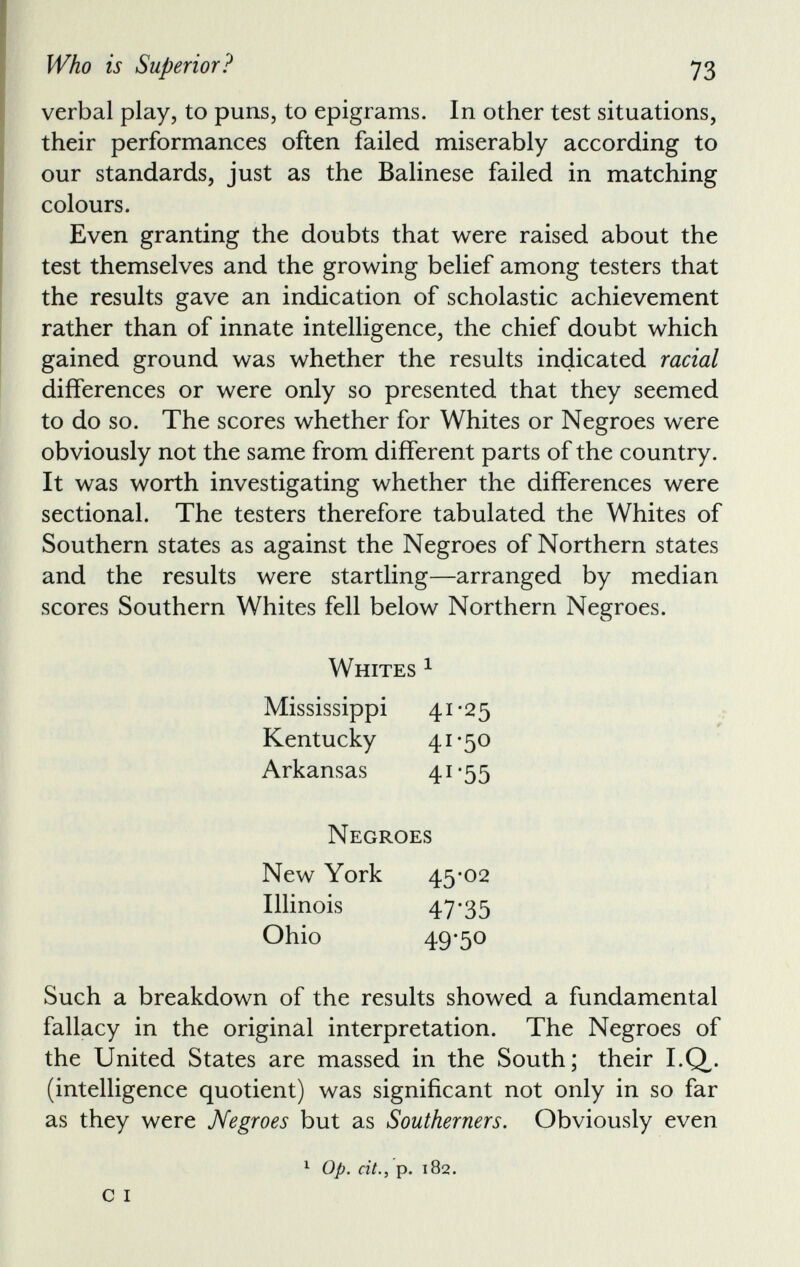 verbal play, to puns, to epigrams. In other test situations, their performances often failed miserably according to our standards, just as the Balinese failed in matching colours. Even granting the doubts that were raised about the test themselves and the growing belief among testers that the results gave an indication of scholastic achievement rather than of innate intelligence, the chief doubt which gained ground was whether the results indicated racial differences or were only so presented that they seemed to do so. The scores whether for Whites or Negroes were obviously not the same from different parts of the country. It was worth investigating whether the differences were sectional. The testers therefore tabulated the Whites of Southern states as against the Negroes of Northern states and the results were startling—arranged by median scores Southern Whites fell below Northern Negroes. Whites 1 Mississippi 41*25 Kentucky 41*50 Arkansas 41*55 Negroes New York 45*02 Illinois 47*35 Ohio 49*5° Such a breakdown of the results showed a fundamental fallacy in the original interpretation. The Negroes of the United States are massed in the South; their I.Q,. (intelligence quotient) was significant not only in so far as they were Negroes but as Southerners. Obviously even c 1 1 Op. cit p. 182.