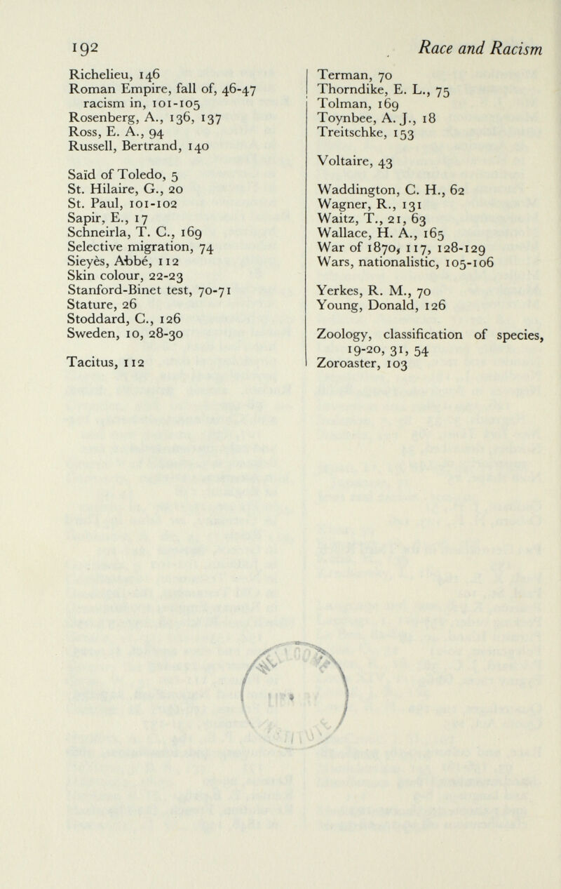 Richelieu, 146 Roman Empire, fall of, 46-47 racism in, 101-105 Rosenberg, A., 136, 137 Ross, E. A., 94 Russell, Bertrand, 140 Saïd of Toledo, 5 St. Hilaire, G., 20 St. Paul, 101-102 Sapir, E., 17 Schneirla, T. C., 169 Selective migration, 74 Sieyès, Abbé, 112 Skin colour, 22-23 Stanford-Binet test, 70-71 Stature, 26 Stoddard, C., 126 Sweden, 10, 28-30 Tacitus, 112 Terman, 70 Thorndike, E. L., 75 Tolman, 169 Toynbee, A. J., 18 Treitschke, 153 Voltaire, 43 Waddington, C. H., 62 Wagner, R., 131 Waitz, T., 21, 63 Wallace, H. A., 165 War of 1870, 117, 128-129 Wars, nationalistic, 105-106 Yerkes, R. M., 70 Young, Donald, 126 Zoology, classification of species, 19-20, 31, 54 Zoroaster, 103