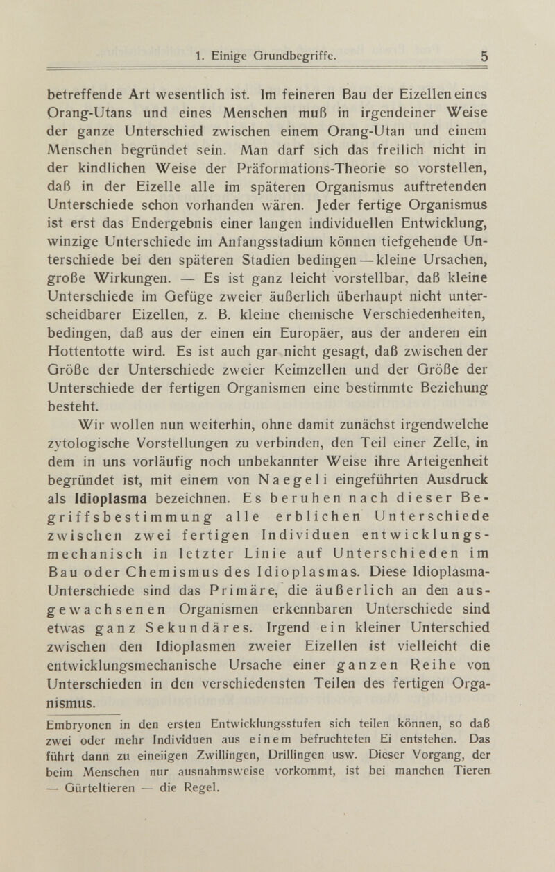 1. Einige Grundbegriffe. 5 betreffende Art wesentlich ist. Im feineren Bau der Eizellen eines Orang-Utans und eines Menschen muß in irgendeiner Weise der ganze Unterschied zwischen einem Orang-Utan und einem Menschen begründet sein. Man darf sich das freilich nicht in der kindlichen Weise der Präformations-Theorie so vorstellen, daß in der Eizelle alle im späteren Organismus auftretenden Unterschiede schon vorhanden wären. Jeder fertige Organismus ist erst das Endergebnis einer langen individuellen Entwicklung, winzige Unterschiede im Anfangsstadium können tiefgehende Un¬ terschiede bei den späteren Stadien bedingen — kleine Ursachen, große Wirkungen. — Es ist ganz leicht vorstellbar, daß kleine Unterschiede im Gefüge zweier äußerlich überhaupt nicht unter¬ scheidbarer Eizellen, z. B. kleine chemische Verschiedenheiten, bedingen, daß aus der einen ein Europäer, aus der anderen ein Hottentotte wird. Es ist auch gar nicht gesagt, daß zwischen der Größe der Unterschiede zweier Keimzellen und der Größe der Unterschiede der fertigen Organismen eine bestimmte Beziehung besteht. Wir wollen nun weiterhin, ohne damit zunächst irgendwelche zytologische Vorstellungen zu verbinden, den Teil einer Zelle, in dem in uns vorläufig noch unbekannter Weise ihre Arteigenheit begründet ist, mit einem von Na egei i eingeführten Ausdruck als Idioplasma bezeichnen. Es beruhen nach dieser Be- grif f sb estimmung alle erblichen Unterschiede zwischen zwei fertigen Individuen ent w i ck 1 u n g s- mechanisch in letzter Linie auf Unterschieden im Bau oder Chemismus des Idioplasmas. Diese Idioplasma- Unterschiede sind das Primäre, die äußerlich an den aus¬ gewachsenen Organismen erkennbaren Unterschiede sind etwas ganz Sekundäres. Irgend ein kleiner Unterschied zwischen den Idioplasmen zweier Eizellen ist vielleicht die entwicklungsmechanische Ursache einer ganzen Reihe von Unterschieden in den verschiedensten Teilen des fertigen Orga¬ nismus. Embryonen in den ersten Entwicklungsstufen sich teilen können, so daß zwei oder mehr Individuen aus einem befruchteten Ei entstehen. Das führt dann zu eineiigen Zwillingen, Drillingen usw. Dieser Vorgang, der beim Menschen nur ausnahmsweise vorkommt, ist bei manchen Tieren — Gürteltieren — die Regel.