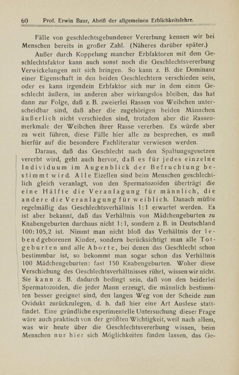 60 Prof. Erwin Baur, Abriß der allgemeinen Erblichkeitslehre. Fälle von geschlechtsgebundener Vererbung kennen wir bei Menschen bereits in großer Zahl. (Näheres darüber später.) Außer durch Koppelung mancher Erbfaktoren mit dem Oe- schlechtsfaktor kann auch sonst noch die Geschlechtsvererbung Verwickelungen mit sich bringen. So kann z. B. die Dominanz einer Eigenschaft in den beiden Geschlechtern verschieden sein, oder es kann irgendein Erbfaktor sich nur in dem einen Ge¬ schlecht äußern, im anderen aber wirkungslos bleiben, das hat dann zur Folge, daß z. B. zweierlei Rassen von Weibchen unter¬ scheidbar sind, daß aber die zugehörigen beiden Männchen äußerlich nicht verschieden sind, trotzdem aber die Rassen¬ merkmale der Weibchen ihrer Rasse vererben. Es würde aber zu weit führen, diese Fälle hier alle zu besprechen, es muß hierfür auf die besondere Fachliteratur verwiesen werden. Daraus, daß das Geschlecht nach den Spaltungsgesetzen ! vererbt wird, geht auch hervor, daß es für jedes einzelne ! Individuum im Augenblick der Befruchtung be- I s t i m m t w i r d. Alle Eizellen sind beim Menschen geschlecht¬ lich gleich veranlagt, von den Spermatozoiden überträgt die eine Hälfte die Veranlagung für männlich, die andere die Veranlagung für weiblich. Danach müßte regelmäßig das Geschlechtsverhältnis 1:1 erwartet werden. Es ist aber bekannt, daß das Verhältnis von Mädchengeburten zu Knabengeburten durchaus nicht 1:1, sondern z. B. in Deutschland 100:105,2 ist. Nimmt man nicht bloß das Verhältnis der le¬ be n dgeboren en Kinder, sondern berücksichtigt man alle Tot¬ geburten und alle Aborte, bei denen das Geschlecht schon bestimmbar ist, so bekommt man sogar schon das Verhältnis 100 Mädchengeburten: fast 150 Knabengeburten. Woher diese Verschiebung des Geschlechtsverhältnisses rührt, wissenwirnicht. Sie kann z. B. dadurch bedingt sein, daß von den beiderlei Spermatozoiden, die jeder Mann erzeugt, die männlich bestimm¬ ten besser geeignet sind, den langen Weg von der Scheide zum Ovidukt zurückzulegen, d. h, daß hier eine Art Auslese statt¬ findet. Eine gründliche experimentelle Untersuchung dieser Frage wäre auch praktisch von der größten Wichtigkeit, weil nach allem, was wir heute über die Geschlechtsvererbung wissen, beim Menschen nur hier sich Möglichkeiten finden lassen, das Ge-