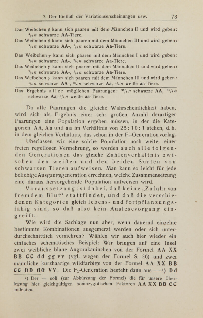 3. Der Einfluß der Variationserscheinungen usw. 73 Das Weibchen ß kann sich paaren mit dem Männchen II und wird geben: *1*п schwarze AA-Tiere. Das Weibchen ß kann sich paaren mit dem Männchen III und wird geben: ^l*.n schwarze AA-, schwarze Aa-Tiere. Das Weibchen у kann sich paaren mit dem Männchen I und wird geben: ^1*п schwarze AA-, ^¡*n schwarze Aa-Tiere. Das Weibchen у kann sich paaren mit dem Männchen II und wird geben: schwarze AA-, schwarze Aa-Tiere. Das Weibchen у kann sich paaren mit dem Männchen III und wird geben: Vi« schwarze AA-, ^/4« schwarze Aa, weiße aa-Tiere. Das Ergebnis aller möglichen Paarungen: /4л schwarze AA, schwarze Aa, weiße aa-Tiere. Da alle Paarungen die gleiche Wahrscheinlichkeit haben, wird sich als Ergebnis einer sehr großen Anzahl derartiger Paarungen eine Population ergeben müssen, in der die Kate¬ gorien AA, Aa und а а im Verhältnis von 25: 10: 1 stehen, d.h. in dem gleichen Verhältnis, das schon in der Fi-Generation vorlag. Überlassen wir eine solche Population noch weiter einer freien regellosen Vermehrung, so werden auch alle folgen¬ den Generationen das gleiche Zahlenverhältnis zwi¬ schen den weißen und den beiden Sorten von schwarzen Tieren aufweisen. Man kann so leicht für jede beliebige Ausgangsgeneration errechnen, welche Zusammensetzung eine daraus hervorgehende Population aufweisen wird. Voraussetzung ist dabei, daß keine „Zufuhr von fremdem Blut stattfindet, und daß die verschie¬ denen Kategorien gleich lebens- und fortpflanzungs¬ fähig sind, so daß also kein Ausi es evorga n g ein¬ greift. Wie wird die Sachlage nun aber, wenn dauernd einzelne bestimmte Kombinationen ausgemerzt werden oder sich unter¬ durchschnittlich vermehren? Wählen wir auch hier wieder ein einfaches schematisches Beispiel: Wir bringen auf eine Insel zwei weibliche blaue Angorakaninchen von der Formel A A XX ВВ CC dd ggvv (vgl. wegen der Formel S. 36) und zwei männliche kurzhaarige wildfarbige von der Formel А А XX В В CC DD GQ VV. Die Fi-Generation besteht dann aus—i) Dd 1) Der — soll (zur Abkürzung der Formel) die für unsere Über¬ legung hier gleichgültigen homozygotischen Faktoren AA XX BB CC andeuten.