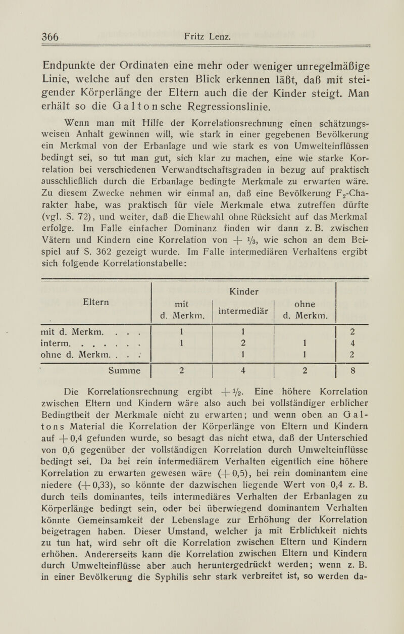 366 Fritz Lenz. Endpunkte der Ordinalen eine mehr oder weniger unregelmäßige Linie, welche auf den ersten Blick erkennen läßt, daß mit stei¬ gender Körperlänge der Eltern auch die der Kinder steigt. Man erhält so die Gal ton sehe Regressionslinie. Wenn man mit Hilfe der Korrelationsrechnung einen schätzungs¬ weisen Anhalt gewinnen will, wie stark in einer gegebenen Bevölkerung ein Merkmal von der Erbanlage und wie stark es von Umwelteinflüssen bedingt sei, so tut man gut, sich klar zu machen, eine wie starke Kor¬ relation bei verschiedenen Verwandtschaftsgraden in bezug auf praktisch ausschließlich durch die Erbanlage bedingte Merkmale zu erwarten wäre. Zu diesem Zwecke nehmen wir einmal an, daß eine Bevölkerung Fs-Cha- rakter habe, was praktisch für viele Merkmale etwa zutreffen dürfte (vgl. S. 72), und weiter, daß die Ehewahl ohne Rücksicht auf das Merkmal erfolge. Im Falle einfacher Dominanz finden wir dann z. B. zwischen Vätern und Kindern eine Korrelation von + Уз, wie schon an dem Bei¬ spiel auf S. 362 gezeigt wurde. Im Falle intermediären Verhaltens ergibt sich folgende Korrelationstabelle: Die Korrelationsrechnung ergibt +1/2- Eine höhere Korrelation zwischen Eltern und Kindern wäre also auch bei vollständiger erblicher Bedingtheit der Merkmale nicht zu erwarten; und wenn oben an Gal¬ tons Material die Korrelation der Körperlänge von Eltern und Kindern auf 4 0)4 gefunden wurde, so besagt das nicht etwa, daß der Unterschied von 0,6 gegenüber der vollständigen Korrelation durch Umwelteinflüsse bedingt sei. Da bei rein intermediärem Verhalten eigentlich eine höhere Korrelation zu erwarten gewesen wäre (-[-0,5), bei rein dominantem eine niedere (-(-0,33), so könnte der dazwischen liegende Wert von 0,4 z. B. durch teils dominantes, teils intermediäres Verhalten der Erbanlagen zu Köфerläng€ bedingt sein, oder bei überwiegend dominantem Verhalten könnte Gemeinsamkeit der Lebenslage zur Erhöhung der Korrelation beigetragen haben. Dieser Umstand, welcher ja mit Erblichkeit nichts zu tun hat, wird sehr oft die Korrelation zwischen Eltern und Kindern erhöhen. Andererseits kann die Korrelation zwischen Eltern und Kindern durch Umwelteinflüsse aber auch heruntergedrückt werden ; wenn z. B. in einer Bevölkerung die Syphilis sehr stark verbreitet ist, so werden da-
