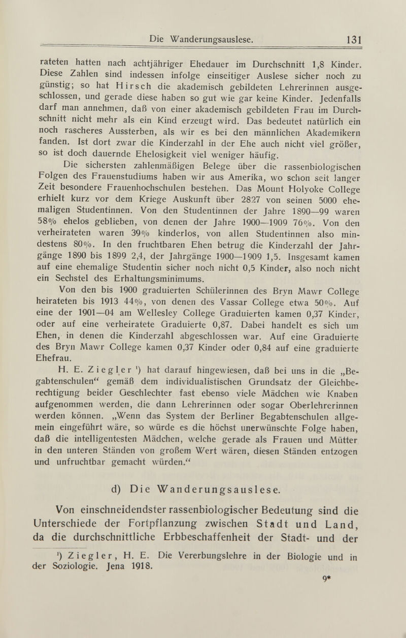Die Wanderungsauslese. 131 rateten hatten nach achtjähriger Ehedauer im Durchschnitt 1,8 Kinder. Diese Zahlen sind indessen infolge einseitiger Auslese sicher noch zu günstig; so hat Hirsch die akademisch gebildeten Lehrerinnen ausge¬ schlossen, und gerade diese haben so gut wie gar keine Kinder. Jedenfalls darf man annehmen, daß von einer akademisch gebildeten Frau im Durch¬ schnitt nicht mehr als ein Kind erzeugt wird. Das bedeutet natürlich ein noch rascheres Aussterben, als wir es bei den männlichen Akademikern fanden. Ist dort zwar die Kinderzahl in der Ehe auch nicht viel größer, so ist doch dauernde Ehelosigkeit viel weniger häufig. Die sichersten zahlenmäßigen Belege über die rassenbiologischen Folgen des Frauenstudiums haben wir aus Amerika, wo schon seit langer Zeit besondere Frauenhochschulen bestehen. Das Mount Holyoke College erhielt kurz vor dem Kriege Auskunft über 2827 von seinen 5000 ehe^ maligen Studentinnen. Von den Studentinnen der Jahre 1890—99 waren 58o/o ehelos geblieben, von denen der Jahre 1900—1909 76o/o. Von den verheirateten waren 39o/o kinderlos, von allen Studentinnen also min¬ destens 8O0/0. In den fruchtbaren Ehen betrug die Kinderzahl der Jahr¬ gänge 1890 bis 1899 2,4, der Jahrgänge 1900—1909 1,5. Insgesamt kamen auf eine ehemalige Studentin sicher noch nicht 0,5 Kinder, also noch nicht ein Sechstel des Erhaltungsminimums. Von den bis 1900 graduierten Schülerinnen des Bryn Mawr College heirateten bis 1913 44o/o, von denen des Vassar College etwa SOo'o. Auf eine der 1901—04 am Wellesley College Graduierten kamen 0,37 Kinder, oder auf eine verheiratete Graduierte 0,87. Dabei handelt es sich um Ehen, in denen die Kinderzahl abgeschlossen war. Auf eine Graduierte des Bryn Mawr College kamen 0,37 Kinder oder 0,84 auf eine graduierte Ehefrau. H. E. Ziegler ') hat darauf hingewiesen, daß bei uns in die „Be- gabtenschulen gemäß dem individualistischen Grundsatz der Gleichbe¬ rechtigung beider Geschlechter fast ebenso viele Mädchen wie Knaben aufgenommen werden, die dann Lehrerinnen oder sogar Oberlehrerinnen werden können. „Wenn das System der Berliner Begabtenschulen allge¬ mein eingeführt wäre, so würde es die höchst unerwünschte Folge haben, daß die intelligentesten Mädchen, welche gerade als Frauen und Mütter in den unteren Ständen von großem Wert wären, diesen Ständen entzogen und unfruchtbar gemacht würden. d) Die Wanderungsauslese. Von einschneidendster rassenbiologischer Bedeutung sind die Unterschiede der Fortpflanzung zwischen Stadt und Land, da die durchschnittliche Erbbeschaffenheit der Stadt- und der ') Ziegler, H. E. Die Vererbungslehre in der Biologie und in der Soziologie. Jena 1918. 9* t
