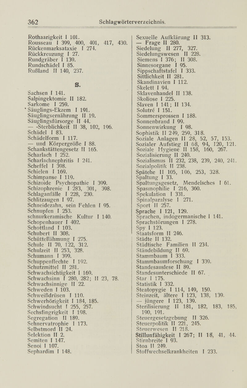 362 Schlagwörterverzeichnis. Rothaarigkeit I 101. Rousseau I 399, 400, 401, 417, 430. Rückenmarksataxie I 274. Rückkreuzung I 27. Rundgräber I 139. Rundschädel I 85. Rußland II 140, 237. S. Sachsen I 141. Salpingektomie II 182. Sarkome I 259. * Säuglings-Ekzem I 191. Säuglingsernährung II 19. Säuglingsfürsorge II 44. Sterblichkeit II 38, 102, 196. Schädel I 83. Schädelform I 117. — und Körpergröße I 88. Schankstättengesetz II 165. Scharlach I 252. Scharlachnephritis I 241. Scheffel I 398. Schielen I 169. Schimpanse I 119. Schizoide Psychopathie I 399. Schizophrenie I 283, 301, 398. Schlaganfälle I 228, 230. Schlitzaugen I 97. Schneidezahn, sein Fehlen Г 95. Schnupfen I 253. schnurkeramische Kultur I 140. Schopenhauer I 402. Schottland I 103. Schubert II 308. Schüttellähmung I 275. Schule II 70, 122, 312. Schulzeit II 253, 328. Schumann I 399. Schuppenflechte I 192. Schutzmittel II 281. Schwachsichtigkeit I 169. Schwachsinn I 280, 282; II 23, 78. Schwachsinnige II 22. Schweden I 103. Schweißdrüsen I 110. Schwerhörigkeit I 184, 185. Schwindsucht I 255, 257. Sechsfingrigkeit I 198. Segregation II 189. Sehnervatrophie I 173. Selbstmord II 24. Selektion II 2. Semiten I 147. Senoi I 107. Sephardim I 148. Sexuelle Aufklärung II 313. — Frage II 280. Siedelung II 277, 327. Siedelungswesen II 228. Siemens I 376; II 308. Sinnesorgane I 95. Sippschaftstafel I 333. Sittlichkeit II 281. Skandinavien I 112. Skelett I 94. Sklavenhandel II 138. Skoliose I 225. Slaven I 141; II 134. Solutré I 151. Sommersprossen I 188. Sonnenbrand I 99. Sonnenwirkung I 98. Sophistik II 249, 259, 318. Soziale Anlagen II 28, 52, 57, 153. Sozialer Aufstieg II 68, 94, 120, 121. Soziale Hygiene II 158, 160, 267. Sozialisierung II 240. Sozialismus II 232, 238, 239, 240, 241. Sozialpolitik II 238. Spätehe II 105, 106, 253, 328. Spaltung I 33. Spaltungsgesetz, Mendelsches I 61. Spasmophilie I 216, 360. Spekulation I 331. Spinalparalyse I 271. Sport II 257. Sprache I 121, 129. Sprachen, indogermanische I 141. Sprachstörungen I 278. Spy I 123. Staatsform II 246. Städte II 132. Städtische Familien II 234. Ständebildung II 69. Stam.mbaum I 333. Stammbaumforschung I 339. Standesauslese II 89. Standesunterschiede II 67. Star I 175. Statistik I 332. Steatopygie I 114, 149, 150. Steinzeit, ältere I 123, 138, 139. — jüngere I 123, 139. Sterilisierung II 181, 182, 183, 185, 190, 191. Steuergesetzgebung II 326. Steuerpolitik II 22Ì, 245. Steuerwesen II 218. Stillunfähigkeit I 267; II 18, 41, 44. Stirnbreite I 93. Stoa II 249. Stoffwechselkrankheiten I 233.