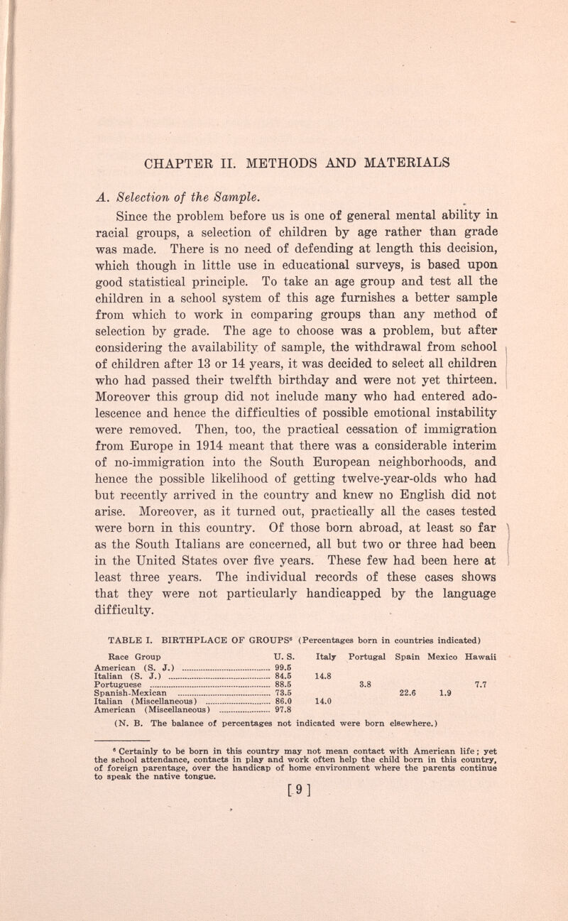 CHAPTER II. METHODS AND MATERIALS A. Selection of the Sample. Since the problem before us is one of general mental ability in racial groups, a selection of children by age rather than grade was made. There is no need of defending at length this decision, which though in little use in educational surveys, is based upon good statistical principle. To take an age group and test all the children in a school system of this age furnishes a better sample from which to work in comparing groups than any method of selection by grade. The age to choose was a problem, but after considering the availability of sample, the withdrawal from school of children after 13 or 14 years, it was decided to select all children who had passed their twelfth birthday and were not yet thirteen. Moreover this group did not include many who had entered ado lescence and hence the difficulties of possible emotional instability were removed. Then, too, the practical cessation of immigration from Europe in 1914 meant that there was a considerable interim of no-immigration into the South European neighborhoods, and hence the possible likelihood of getting twelve-year-olds who had but recently arrived in the country and knew no English did not arise. Moreover, as it turned out, practically all the cases tested were born in this country. Of those born abroad, at least so far ) as the South Italians are concerned, all but two or three had been in the United States over five years. These few had been here at least three years. The individual records of these cases shows that they were not particularly handicapped by the language difficulty. TABLE I. BIRTHPLACE OF GROUPS 6 (Percentages born in countries indicated) Race Group U. S. Italy Portugal Spain Mexico Hawaii American (S. J.) 99.6 Italian (S. J.) 84.5 14.8 Portuguese 88.5 3.8 7.7 Spanish Mexican 73.5 22.6 1.9 Italian (Miscellaneous) 86.0 14.0 American (Miscellaneous) 97.8 (N. B. The balance of percentages not indicated were born elsewhere. ) 6 Certainly to be born in this country may not mean contact with American life; yet the school attendance, contacts in play and work often help the child born in this country, of foreign parentage, over the handicap of home environment where the parents continue to speak the native tongue.