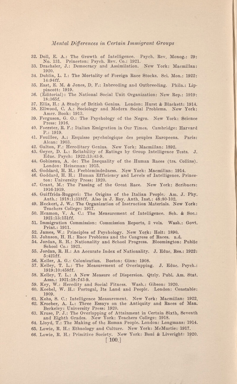 32. Doll, E. A.: The Growth of Intelligence. Psych. Rev. Monog.: 29: No. 131. Princeton: Psych. Rev. Co.: 1921. 33. Drachsler, J.: Democracy and Assimilation. New York: Macmillan: 1920. 34. Dublin, L. I.: The Mortality of Foreign Race Stocks. Sci. Mon.: 1922: 14:94ff. 35. East, E. M. & Jones, D. E.: Inbreeding and Outbreeding. Phila.: Lip pincott: 1919. 36. (Editorial): The National Social Unit Organization: New Rep.: 1919: 18:365f. 37. Ellis, H.: A Study of British Genius. London: Hurst & Blackett: 1914. 38. Ellwood, C. A.: Sociology and Modern Social Problems. New York: Amer. Book: 1913. 39. Ferguson, G. O.: The Psychology of the Negro. New York: Science Press: 1916. 40. Foerster, R. F.: Italian Emigration in Our Times. Cambridge: Harvard P.: 1919. 41. Fouillée, A.: Esquisse psychologique des peuples Européens. Paris: Alcan: 1903. 42. Galton, F.: Hereditary Genius. New York: Macmillan: 1892. 43. Geyer, D. L.: Reliability of Ratings by Group Intelligence Tests. J. Educ. Psych: 1922:13:43-9. 44. Gobineau, A. de: The Inequality of the Human Races (trs. Collins). London: Heineman: 1915. 45. Goddard, H. H.: Feeblemindedness. New York: Macmillan: 1914. 46. Goddard, H. H.: Human Efficiency and Levels of Intelligence. Prince ton: University Press: 1920. 47. Grant, M.: The Passing of the Great Race. New York: Scribners: 1916-1919. 48. Guiffrida-Ruggeri: The Origins of the Italian People. Am. J. Phy. Anth.: 1918:l:318ff. Also in J. Roy. Anth. Inst.: 48:80-102. 49. Heckert, J. W.: The Organization of Instruction Materials. New York: Teachers College: 1917. 50. Henmon, Y. A. C.: The Measurement of Intelligence. Seh. & Soc.: 1921:13:151ff. 51. Immigration Commission: Commission Reports, 2 vols. Wash.: Govt. Print.: 1911. 52. James, W.: Principles of Psychology. New York: Holt: 1890. 53. Johnson, H. H.: Race Problems and the Congress of Races, n.d. 54. Jordan, R. H.: Nationality and School Progress. Bloomington: Public School Co.: 1921. 55. Jordan, R. H.: An Accurate Index of Nationality. J. Educ. Res.: 1922: 5:421ff. 56. Keller, A. G.: Colonization. Boston: Ginn: 1908. 57. Kelley, T. L.: The Measurement of Overlapping. J. Educ. Psych.: 1919:10:458ff. 58. Kelley, T. L.: A New Measure of Dispersion. Qtrly. Publ. Am. Stat. Assn.: 1921:18:743-9. 59. Key, W.: Heredity and Social Fitness. Wash.: Gibson: 1920. 60. Koebel, W. H.: Portugal, Its Land and People. London: Constable: 1909. 61. Kohs, S. C.: Intelligence Measurement. New York: Macmillan: 1922. 62. Kroeber, A. L.: Three Essays on the Antiquity and Races of Man. Berkeley: University Press: 1920. 63. Kruse, P. J. : The Overlapping of Attainment in Certain Sixth, Seventh and Eighth Grades. New York: Teachers College: 1918. 64. Lloyd, T.: The Making of the Roman People. London: Longmans: 1914. 65. Lowie, R. H.: Ethnology and Culture. New York: McMurtie: 1917. 66. Lowie, R. H.: Primitive Society. New York: Boni & Liveright- 1920.