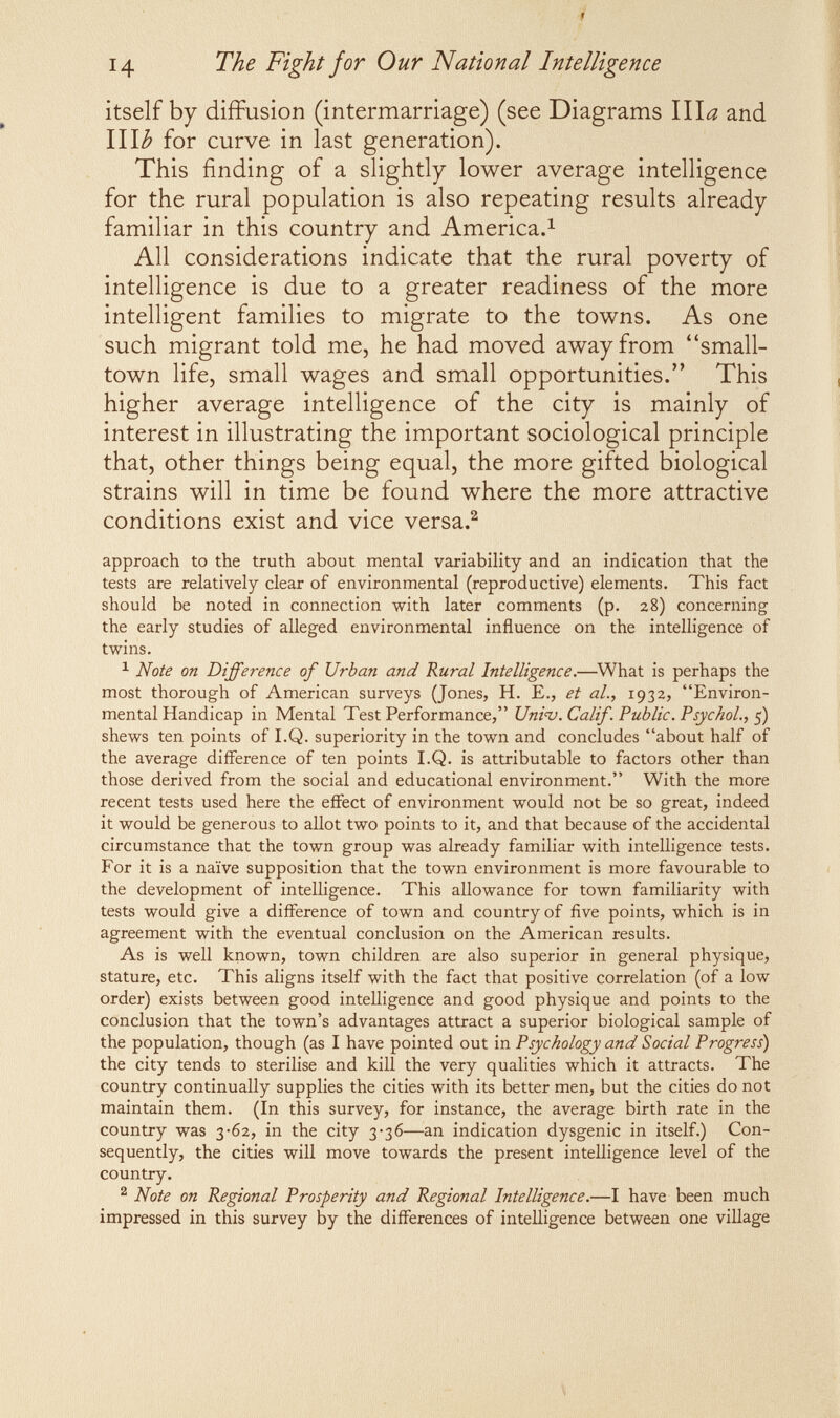 f 14 The Fight for Our National Intelligence itself by diffusion (intermarriage) (see Diagrams \\\a and \\\b for curve in last generation). This finding of a slightly lower average intelligence for the rural population is also repeating results already familiar in this country and America.^ All considerations indicate that the rural poverty of intelligence is due to a greater readiness of the more intelligent families to migrate to the towns. As one such migrant told me, he had moved away from small¬ town life, small wages and small opportunities. This higher average intelligence of the city is mainly of interest in illustrating the important sociological principle that, other things being equal, the more gifted biological strains will in time be found where the more attractive conditions exist and vice versa.^ approach to the truth about mental variability and an indication that the tests are relatively clear of environmental (reproductive) elements. This fact should be noted in connection with later comments (p. 28) concerning the early studies of alleged environmental influence on the intelligence of twins. ^ Note on Difference of Urban and Rural Intelligence.—^What is perhaps the most thorough of American surveys (Jones, H. E., et al., 1932, Environ¬ mental Handicap in Mental Test Performance, Uni<v. Calif. Public. Psychol., 5) shews ten points of I.Q. superiority in the town and concludes about half of the average difference of ten points I.Q. is attributable to factors other than those derived from the social and educational environment. With the more recent tests used here the effect of environment would not be so great, indeed it would be generous to allot two points to it, and that because of the accidental circumstance that the town group was already familiar with intelligence tests. For it is a naïve supposition that the town environment is more favourable to the development of intelligence. This allowance for town familiarity with tests would give a difference of town and country of five points, which is in agreement with the eventual conclusion on the American results. As is well known, town children are also superior in general physique, stature, etc. This aligns itself with the fact that positive correlation (of a low order) exists between good intelligence and good physique and points to the conclusion that the town's advantages attract a superior biological sample of the population, though (as I have pointed out in Psychology and Social Progress) the city tends to sterilise and kill the very qualities which it attracts. The country continually supplies the cities with its better men, but the cities do not maintain them. (In this survey, for instance, the average birth rate in the country was 3-62, in the city 3-36—an indication dysgenic in itself.) Con¬ sequently, the cities will move towards the present intelligence level of the country. ^ Note on Regional Prosperity and Regional Intelligence.—I have been much impressed in this survey by the differences of intelligence between one viUage