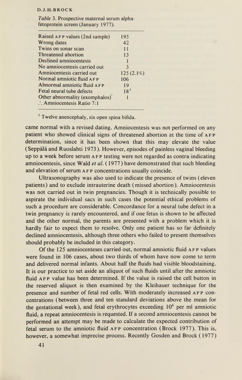 d.j.h.brock Table 3. Prospective maternal serum alpha- fetoprotein screen (January 1977). Raised afp values (2nd sample) 195 Wrong dates 42 Twins on sonar scan 11 Threatened abortion 13 Declined amniocentesis 1 No amniocentesis carried out 3 Amniocentesis carried out 125 (2.1%) Normal amniotic fluid afp 106 Abnormal amniotic fluid afp 19 Fetal neural tube defects 18 ' Other abnormality (exomphalos)' 1 .. Amniocentesis Ratio 7:1 ' Twelve anencephaly, six open spina bifida. came normal with a revised dating. Amniocentesis was not performed on any patient who showed clinical signs of threatened abortion at the time of afp determination, since it has been shown that this may elevate the value (Seppäläand Ruoslahti 1973). However, episodes of painless vaginal bleeding up to a week before serum afp testing were not regarded as contra-indicating amniocentesis, since Wald e/ a/. ( 1977 ) have demonstrated that such bleeding and elevation of serum afp concentrations usually coincide. Ultrasonography was also used to indicate the presence of twins ( eleven patients) and to exclude intrauterine death (missed abortion). Amniocentesis was not carried out in twin pregnancies. Though it is technically possible to aspirate the individual sacs in such cases the potential ethical problems of such a procedure are considerable. Concordance for a neural tube defect in a twin pregnancy is rarely encountered, and if one fetus is shown to be affected and the other normal, the parents are presented with a problem which it is hardly fair to expect them to resolve. Only one patient has so far definitely declined amniocentesis, although three others who failed to present themselves should probably be included in this category. Of the 125 amniocenteses carried out, normal amniotic ñuid afp values were found in 106 cases, about two thirds of whom have now come to term and delivered normal infants. About half the fluids had visible bloodstaining. It is our practice to set aside an aliquot of such fluids until after the amniotic fluid afp value has been determined. If the value is raised the cell button in the reserved aliquot is then examined by the Kleihauer technique for the presence and number of fetal red cells. With moderately increased afp con¬ centrations (between three and ten standard deviations above the mean for the gestational week), and fetal erythrocytes exceeding 10^ per ml amniotic fluid, a repeat amniocentesis is requested. If a second amniocentesis cannot be performed an attempt may be made to calculate the expected contribution of fetal serum to the amniotic fluid afp concentration (Brock 1977). This is, however, a somewhat imprecise process. Recently Gosden and Brock (1977) 41