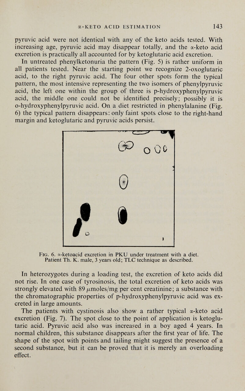 a-KETO ACID ESTIMATION 143 pyruvic acid were not identical with any of the keto acids tested. With increasing age, pyruvic acid may disappear totally, and the a-keto acid excretion is practically all accounted for by ketoglutaric acid excretion. In untreated phenylketonuria the pattern (Fig. 5) is rather uniform in all patients tested. Near the starting point we recognize 2-oxoglutaric acid, to the right pyruvic acid. The four other spots form the typical pattern, the most intensive representing the two isomers of phenylpyruvic acid, the left one within the group of three is p-hydroxyphenylpyruvic acid, the middle one could not be identified precisely; possibly it is o-hydroxyphenylpyruvic acid. On a diet restricted in phenylalanine (Fig. 6) the typical pattern disappears: only faint spots close to the right-hand margin and ketoglutaric and pyruvic acids persist. In heterozygotes during a loading test, the excretion of keto acids did not rise. In one case of tyrosinosis, the total excretion of keto acids was strongly elevated with 89 |U,moles/mg per cent creatinine; a substance with the chromatographic properties of p-hydroxyphenylpyruvic acid was ex¬ creted in large amounts. The patients with cystinosis also show a rather typical a-keto acid excretion (Fig. 7). The spot close to the point of application is ketoglu¬ taric acid. Pyruvic acid also was increased in a boy aged 4 years. In normal children, this substance disappears after the first year of life. The shape of the spot with points and taihng might suggest the presence of a second substance, but it can be proved that it is merely an overloading effect. f * » Fig. 6. a-ketoacid excretion in PKU under treatment with a diet. Patient Th. K. male, 3 years old; TLC technique as described.