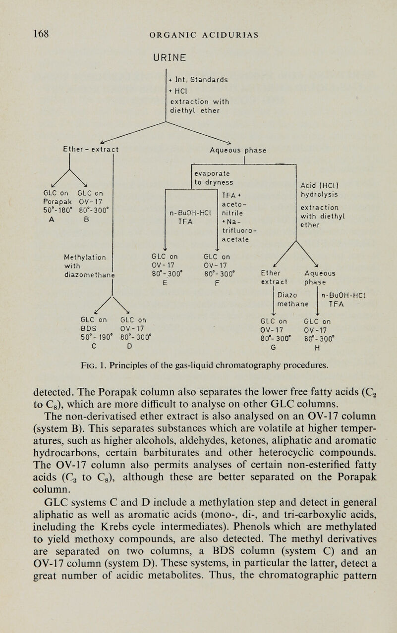 168 ORGANIC ACIDURIAS URINE Ether - extract GLC on GLC on Porapak OV-17 50°-180° 80°-300' A В Methylation with diazonnethane ♦ Int. Standards + HCl extraction with diethyl ether Aqueous phase GLC on OV- 17 80°-300 E GLC on OV-17 80°-300' F Ether extract Acid (HCl) hydrolysis extraction with diethyl ether Aqueous phase DIazo methane n-BuOH-HCl TFA GLC on GLC on BDS OV-17 50°-190' 80°-300° С D GLC on OV-17 80°- 300* G GLC on OV-17 80°-300' H Fig. 1. Principles of the gas-liquid chromatography procedures. detected. The Porapak column also separates the lower free fatty acids (C2 to Cg), which are more difficult to analyse on other GLC columns. The non-derivati sed ether extract is also analysed on an OV-17 column (system B). This separates substances which are volatile at higher temper¬ atures, such as higher alcohols, aldehydes, ketones, aliphatic and aromatic hydrocarbons, certain barbiturates and other heterocyclic compounds. The OV-17 column also permits analyses of certain non-esterified fatty acids (C3 to Cg), although these are better separated on the Porapak column. GLC systems С and D include a methylation step and detect in general aliphatic as well as aromatic acids (mono-, di-, and tri-carboxyhc acids, including the Krebs cycle intermediates). Phenols which are methylated to yield methoxy compounds, are also detected. The methyl derivatives are separated on two columns, a BDS column (system C) and an OV-17 column (system D). These systems, in particular the latter, detect a great number of acidic metaboHtes. Thus, the chromatographic pattern