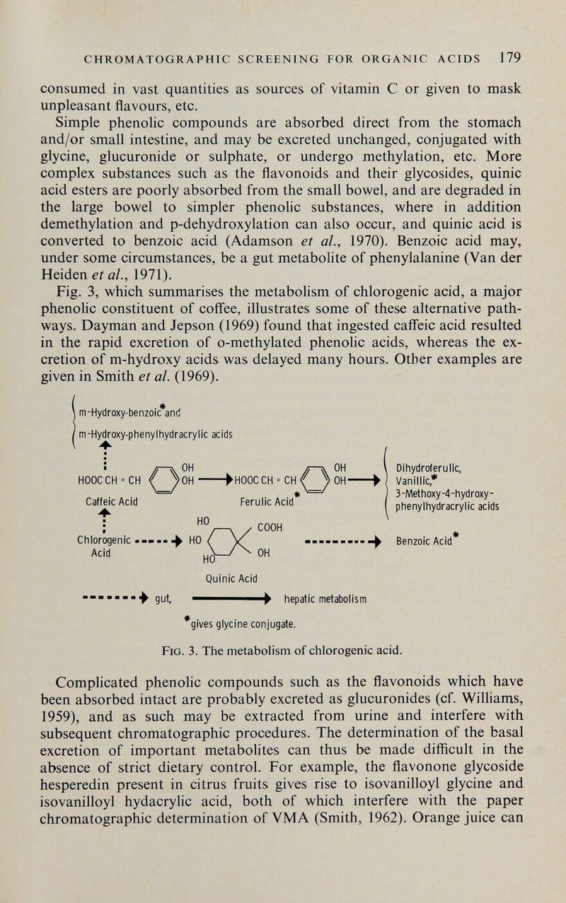 CHROMATOGRAPHIC SCREENING FOR ORGANIC ACIDS 179 consumed in vast quantities as sources of vitamin С or given to mask unpleasant flavours, etc. Simple phenolic compounds are absorbed direct from the stomach and/or small intestine, and may be excreted unchanged, conjugated with glycine, glucuronide or sulphate, or undergo methylation, etc. More complex substances such as the flavonoids and their glycosides, quinic acid esters are poorly absorbed from the small bowel, and are degraded in the large bowel to simpler phenolic substances, where in addition demethylation and p-dehydroxylation can also occur, and quinic acid is converted to benzoic acid (Adamson et al., 1970). Benzoic acid may, under some circumstances, be a gut metabolite of phenylalanine (Van der Heiden et al., 1971). Fig. 3, which summarises the metabolism of chlorogenic acid, a major phenolic constituent of coffee, illustrates some of these alternative path¬ ways. Dayman and Jepson (1969) found that ingested caifeic acid resulted in the rapid excretion of o-methylated phenolic acids, whereas the ex¬ cretion of m-hydroxy acids was delayed many hours. Other examples are given in Smith et al. (1969). I m-Hydroxy-benzoic and m-Hydroxy-phenylhydracrylic acids • Й—^ OH Й—л OH \ Dihydroferulic, HOOCCH = CH f ^OH ►HOOCCH = CHf ^OH ► vanillic* г Í- I 3-Methoxy-4-hydroxy- CaffeicAcid FerulicAcid HO  COOH phenylhydracrylic acids ■ /—\ * Chlorogenic HO ( V _k BenzoicAcid Acid —/\ OH Quinic Acid gut, ► hepatic metabolism *gives glycine conjugate. Fig. 3. The metabolism of chlorogenic acid. Complicated phenolic compounds such as the flavonoids which have been absorbed intact are probably excreted as glucuronides (cf. Williams, 1959), and as such may be extracted from urine and interfere with subsequent chromatographic procedures. The determination of the basal excretion of important metabolites can thus be made diflicult in the absence of strict dietary control. For example, the flavonone glycoside hesperedin present in citrus fruits gives rise to isovanilloyl glycine and isovanilloyl hydacrylic acid, both of which interfere with the paper chromatographic determination of VMA (Smith, 1962). Orange juice can