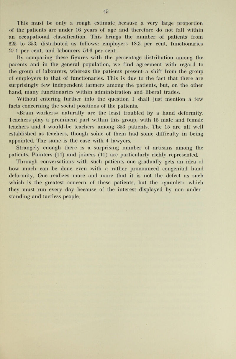 This must be only a rough estimate because a very large proportion of the patients are under 16 years of age and therefore do not fall within an occupational classification. This brings the number of patients from 625 to 353, distributed as follows: employers 18.3 per cent, functionaries 27.1 per cent, and labourers 54.6 per cent. By comparing these figures with the percentage distribution among the parents and in the general population, we find agreement with regard to the group of labourers, whereas the patients present a shift from the group of employers to that of functionaries. This is due to the fact that there arc surprisingly few independent farmers among the patients, but, on the other hand, many functionaries within administration and liberal trades. WithouL entering further into the question I shall just mention a few facts concerning the social positions of the patients. »Brain workers« naturally are the least troubled by a hand deformity. Teachers play a prominent part within this group, with 15 male and female teachers and 4 would-be teachers among 353 patients. The 15 are all well established as teachers, though some of them had some difficulty in being appointed. The same is the case with 4 lawyers. Strangely enough there is a surprising number of artisans among the patients. Painters (14) and joiners (11) are particularly richly represented. Through conversations with such patients one gradually gets an idea of how much can be done even with a rather pronounced congenital hand deformity. One realizes more and more that it is not the defect as such which is the greatest concern of these patients, but the »gaunlet« which they must run every day because of the interest displayed by non-under- standing and tactless people.