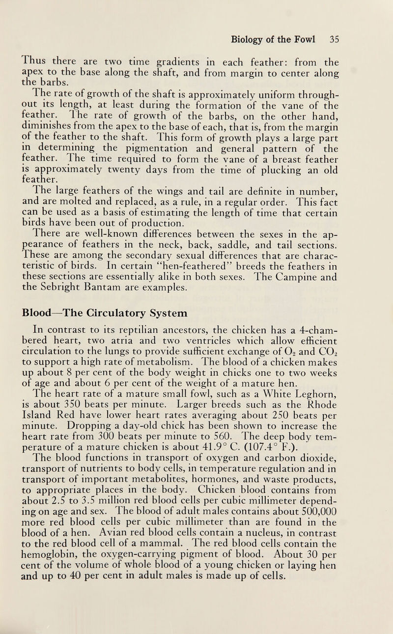 Biology of the Fowl 35 Thus there are two time gradients in each feather: from the apex to the base along the shaft, and from margin to center along the barbs. The rate of growth of the shaft is approximately uniform through¬ out its length, at least during the formation of the vane of the feather. Ihe rate of growth of the barbs, on the other hand, diminishes from the apex to the base of each, that is, from the margin of the feather to the shaft. This form of growth plays a large part in determining the pigmentation and general pattern of the feather. The time required to form the vane of a breast feather is approximately twenty days from the time of plucking an old feather. The large feathers of the wings and tail are definite in number, and are molted and replaced, as a rule, in a regular order. This fact can be used as a basis of estimating the length of time that certain birds have been out of production. There are well-known differences between the sexes in the ap¬ pearance of feathers in the neck, back, saddle, and tail sections. These are among the secondary sexual differences that are charac¬ teristic of birds. In certain hen-feathered breeds the feathers in these sections are essentially alike in both sexes. The Campine and the Sebright Bantam are examples. Blood—The Circulatory System In contrast to its reptilian ancestors, the chicken has a 4-cham- bered heart, two atria and two ventricles which allow efficient circulation to the lungs to provide sufficient exchange of O2 and CO2 to support a high rate of metabolism. The blood of a chicken makes up about 8 per cent of the body weight in chicks one to two weeks of age and about 6 per cent of the weight of a mature hen. The heart rate of a mature small fowl, such as a White Leghorn, is about 350 beats per minute. Larger breeds such as the Rhode Island Red have lower heart rates averaging about 250 beats per minute. Dropping a day-old chick has been shown to increase the heart rate from 300 beats per minute to 560. The deep body tem¬ perature of a mature chicken is about 41.9° C. (107.4° F.). The blood functions in transport of oxygen and carbon dioxide, transport of nutrients to body cells, in temperature regulation and in transport of important metabolites, hormones, and waste products, to appropriate places in the body. Chicken blood contains from about 2.5 to 3.5 million red blood cells per cubic millimeter depend¬ ing on age and sex. The blood of adult males contains about 500,000 more red blood cells per cubic millimeter than are found in the blood of a hen. Avian red blood cells contain a nucleus, in contrast to the red blood cell of a mammal. The red blood cells contain the hemoglobin, the oxygen-carrying pigment of blood. About 30 per cent of the volume of whole blood of a young chicken or laying hen and up to 40 per cent in adult males is made up of cells.