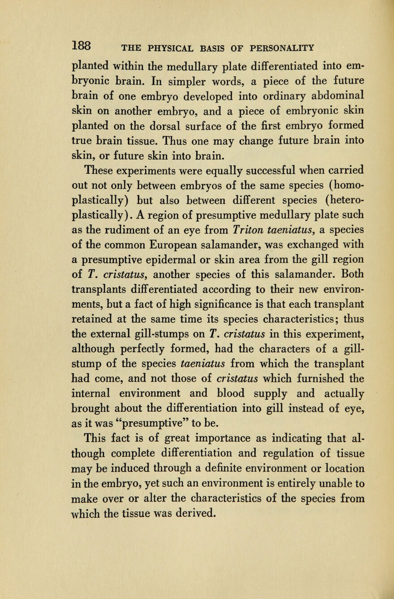 188 THE PHYSICAL BASIS OF PERSONALITY planted within the medullary plate differentiated into em¬ bryonic brain. In simpler words, a piece of the future brain of one embryo developed into ordinary abdominal skin on another embryo, and a piece of embryonic skin planted on the dorsal surface of the first embryo formed true brain tissue. Thus one may change future brain into skin, or future skin into brain. These experiments were equally successful when carried out not only between embryos of the same species (homo- plastically) but also between different species (hetero- plastically). A region of presumptive medullary plate such as the rudiment of an eye from Triton taeniatus, a species of the common European salamander, was exchanged with a presumptive epidermal or skin area from the gill region of T. cristatus, another species of this salamander. Both transplants differentiated according to their new environ¬ ments, but a fact of high significance is that each transplant retained at the same time its species characteristics; thus the external gill-stumps on T. cristatus in this experiment, although perfectly formed, had the characters of a gill- stump of the species taeniatus from which the transplant had come, and not those of cristatus which furnished the internal environment and blood supply and actually brought about the differentiation into gill instead of eye, as it was presumptive to be. This fact is of great importance as indicating that al¬ though complete differentiation and regulation of tissue may be induced through a definite environment or location in the embryo, yet such an environment is entirely unable to make over or alter the characteristics of the species from which the tissue was derived.