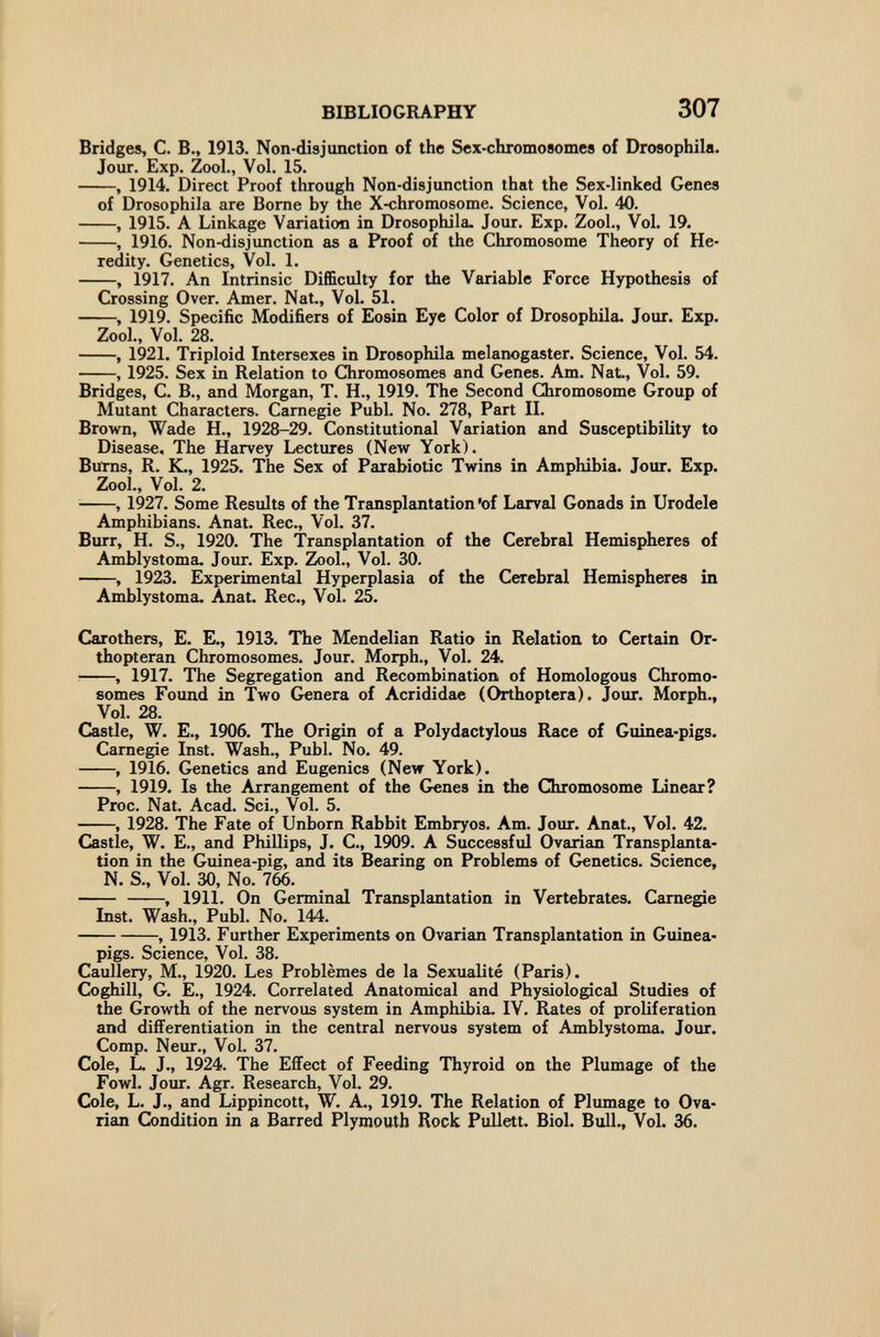 BIBLIOGRAPHY 307 Bridge», С. В., 1913. Non-disjunction of the Sex-chromosomes of Drosophila. Jour. Exp. Zool., Vol. 15. , 1914. Direct Proof through Non-disjunction that the Sex-linked Genes of Drosophila are Borne by the X-chromosome. Science, Vol. 40. , 1915. A Linkage Variation in Drosophila. Jour. Exp. Zool., Vol. 19. , 1916. Non-disjunction as a Proof of the Chromosome Theory of He¬ redity. Genetics, Vol. 1. , 1917. An Intrinsic Difficulty for the Variable Force Hypothesis of Crossing Over. Amer. Nat., Vol. 51. , 1919. Specific Modifiers of Eosin Eye Color of Drosophila. Jour. Exp. Zool., Vol. 28. , 1921. Triploid Intersexes in Drosophila melanogaster. Science, Vol. 54. , 1925. Sex in Relation to Chromosomes and Genes. Am. Nat., Vol. 59. Bridges, C. В., and Morgan, T. H., 1919. The Second Chromosome Group of Mutant Characters. Carnegie Pubi. No. 278, Part IL Brown, Wade H., 1928-29. Constitutional Variation and Susceptibility to Disease, The Harvey Lectures (New York). Butns, R. K., 1925. The Sex of Parabiotic Twins in Amphibia. Jour. Exp. Zool., Vol. 2. ^ , 1927. Some Results of the Transplantation'of Larval Gonads in Urodele Amphibians. Anat. Ree., Vol. 37. Burr, H. S., 1920. The Transplantation of the Cerebral Hemispheres of Amblystoma. Jour. Exp. Zool., Vol. 30. , 1923. Experimental Hyperplasia of the Cerebral Hemispheres in Amblystoma. Anat. Ree., Vol. 25. Carothers, E. E., 1913. The Mendelian Ratio in Relation to Certain Or- thopteran Chromosomes. Jour. Morph., Vol. 24. ■ , 1917. The Segregation and Recombination of Homologous Chromo¬ somes Found in Two Genera of Acrididae (Orthoptera). Jour. Morph., Vol. 28. Castle, W. E., 1906. The Origin of a Polydactylous Race of Guinea-pigs. Carnegie Inst. Wash., Pubi. No. 49. , 1916. Genetics and Eugenics (New York). , 1919. Is the Arrangement of the Genes in the Cbromosome Linear? Proc. Nat. Acad. Sci., Vol. 5. , 1928. The Fate of Unborn Rabbit Embryos. Am. Jour. Anat., Vol. 42. Castle, W. E., and Phillips, J. C., 1909. A Successful Ovarian Transplanta¬ tion in the Guinea-pig, cind its Bearing on Problems of (^netics. Science, N. S., Vol. 30, No. 766. , 1911. On Germinal Transplantation in Vertebrates. Carnegie Inst. Wash., Pubi. No. 144. , 1913. Further Experiments on Ovarian Transplantation in Guinea- pigs. Science, Vol. 38. Caullery, M., 1920. Les Problèmes de la Sexualité (Paris). Coghill, G. E., 1924. Correlated Anatomical and Physiological Studies of the Growth of the nervous system in Amphibia. IV. Rates of proliferation and differentiation in the central nervous system of Amblystoma. Jour. Comp. Neur., Vol. 37. Cole, L. J., 1924. The Effect of Feeding Thyroid on the Plumage of the Fowl. Jour. Agr. Research, Vol. 29. Cole, L. J., and Lippincott, W. A., 1919. The Relation of Plumage to Ova¬ rian Condition in a Barred Plymouth Rock PuUett. Biol. Bull., Vol. 36.