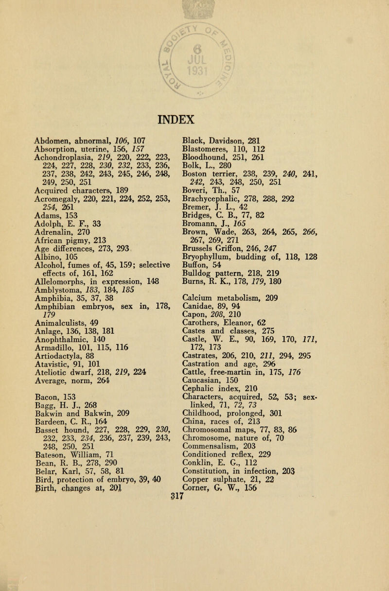INDEX Abdomen, abnormal, 106, 107 Absorption, uterine, 156, 157 Achondroplasia, 219, 220, 222, 223, 224, 227, 228, 230, 232, 233, 236, 237, 238, 242, 243, 245, 246, 248, 249, 250, 251 Acquired characters, 189 Acromegaly, 220, 221, 224, 252, 253, 254, 261 Adams, 153 Adolph, E. F., 33 Adrenalin, 270 African pigmy, 213 Age differences, 273, 293, Albino, 105 Alcohol, fumes of, 45, 159; selective effects of, 161, 162 Allelomorphs, in expression, 148 Amblystoma, 183, 184, 185 Amphibia, 35, 37, 38 Amphibian embryos, sex in, 178, 179 Animalculists, 49 Anlage, 136, 138, 181 Anophthalmic, 140 Armadillo, 101, 115, 116 Artiodactyla, 88 Atavistic, 91, 101 Ateliotic dwarf, 218, 219, 224 Average, norm, 264 Bacon, 153 Bagg, H. J., 268 Bakwin and Bakwin, 209 Bardeen, C. R., 164 Basset hound, 227, 228, 229, 230, 232, 233, 234, 236, 237, 239, 243, 248, 250, 251 Bateson, William, 71 Bean, R. В., 278, 290 Belar, Karl, 57, 58, 81 Bird, protection of embryo, 39, 40 ßirth, changes at, 20J. 317 Black, Davidson, 281 Blastomeres, 110, 112 Bloodhound, 251, 261 Bolk, L., 280 Boston terrier, 238, 239, 240, 241, 242, 243, 248, 250, 251 Boveri, Th., 57 Brachycephalic, 278, 288, 292 Bremer, J. L., 42 Bridges, C. B,, 77, 82 Bromann, J., 165 Brown, Wade, 263, 264, 265, 266, 267, 269, 271 Brussels Griffon, 246, 247 Bryophyllum, budding of, 118, 128 Buffon, 54 Bulldog pattern, 218, 219 Burns, R. K., 178, 179, 180 Calcium metabolism, 209 Canidae, 89, 94 Capon, 208, 210 Carothers, Eleanor, 62 Castes and classes, 275 Castle, W. E., 90, 169, 170, 171, 172, 173 Castrates, 206, 210, 211, 294, 295 Castration and age, 296 Cattle, free-martin in, 175, 176 Caucasian, 150 Cephalic index, 210 Characters, acquired, 52, 53; sex- linked, 71, 72, 73 Childhood, prolonged, 301 China, races of, 213 Chromosomal maps, 77, 83, 86 Chromosome, nature of, 70 Commensalism, 203 Conditioned reflex, 229 Conklin, E. G., 112 Constitution, in infection, 203 Copper sulphate, 21, 22 Corner, G, W., 156