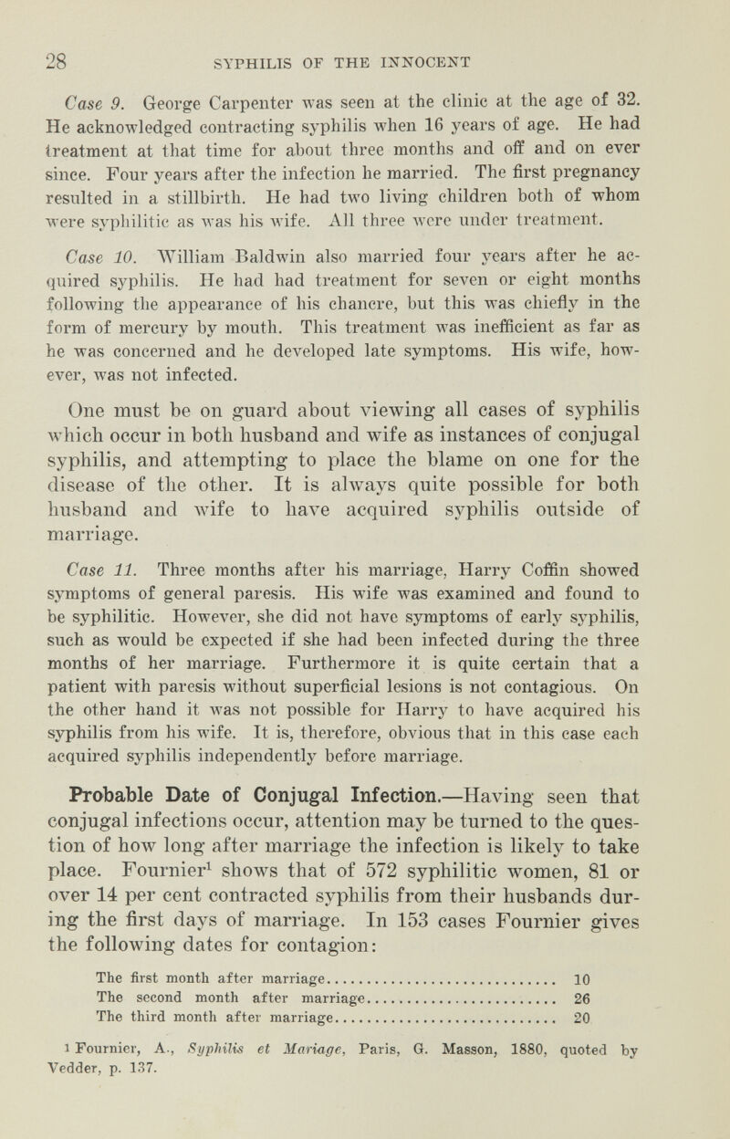 28 SYPHILIS OF THE INNOCENT Case 9. George Carpenter was seen at the clinic at the age of 32. He acknowledged contracting syphilis when 16 years of age. He had treatment at that time for about three months and off and on ever since. Four years after the infection he married. The first pregnancy resulted in a stillbirth. He had two living children both of whom were syphilitic as was his Avife. All three were under treatment. Case 10. AVilliam Baldwin also married four years after he ac¬ quired syphilis. He had had treatment for seven or eight months following the appearance of his chancre, but this was chiefly in the form of mercury by mouth. This treatment was inefficient as far as he was concerned and he developed late symptoms. His wife, how¬ ever, was not infected. One must be on guard about viewing all cases of syphilis which occur in both husband and wife as instances of conjugal syphilis, and attempting to place the blame on one for the disease of the other. It is ahvays quite possible for both husband and wife to have acquired syphilis outside of marriage. Case 11. Three months after his marriage, Harry Coffin showed symptoms of general paresis. His wife was examined and found to be syphilitic. However, she did not have symptoms of early syphilis, such as would be expected if she had been infected during the three months of her marriage. Furthermore it is quite certain that a patient with paresis without superficial lesions is not contagious. On the other hand it was not possible for Harrj^ to have acquired his syphilis from his wife. It is, therefore, obvious that in this case each acquired syphilis independently before marriage. Probable Date of Conjugal Infection.—Having seen that conjugal infections occur, attention may be turned to the ques¬ tion of how long after marriage the infection is likely to take place. Fournier^ shows that of 572 syphilitic women, 81 or over 14 per cent contracted syphilis from their husbands dur¬ ing the first days of marriage. In 153 cases Fournier gives the following dates for contagion: The first month after marriage 10 The second month after marriage   26 The third month after marriage 20 1 Fournier, A., Syphilis et Mariage, Paris, G. Massen, 1880, quoted Ъу Vedder, p. 137.