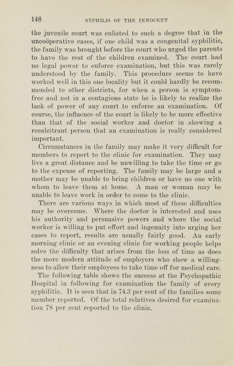 148 SYPHILIS OF THE INNOCENT the juvenile court was enlisted to such a degree that in the uncooperative cases, if one child was a congenital syphilitic, the family was brought before the court who urged the parents to have the rest of the children examined. The court had no legal power to enforce examination, but this Avas rarely understood by the family. This procedure seems to have worked well in this one locality but it could hardly be recom¬ mended to other districts, for when a person is symptom- free and not in a contagious state he is likely to realize the lack of power of any court to enforce an examination. Of course, the influence of the court is likely to be more effective than that of the social worker and doctor in showing a recalcitrant person that an examination is really considered important. Circumstances in the family may make it very difficult for members to report to the clinic for examination. They may live a great distance and be unwilling to take the time or go to the expense of reporting. The family may be large and a mother may be unable to bring children or have no one with whom to leave them at home. A man or woman mav be unable to leave work in order to come to the clinic. There are various ways in which most of these difficulties may be overcome. AVhere the doctor is interested and uses his authority and persuasive powers and луЬеге the social worker is willing to put effort and ingenuity into urging her cases to report, results are usually fairly good. An early morning clinic or an evening clinic for working people helps solve the difficulty that arises from the loss of time as does the more modern attitude of employers who show a willing¬ ness to allow their employees to take time off for medical care. The following table shows the success at the Psychopathic Hospital in following for examination the family of every syphilitic. It is seen that in 74.3 per cent of the families some member reported. Of the total relatives desired for examina¬ tion 78 per cent reported to the clinic.