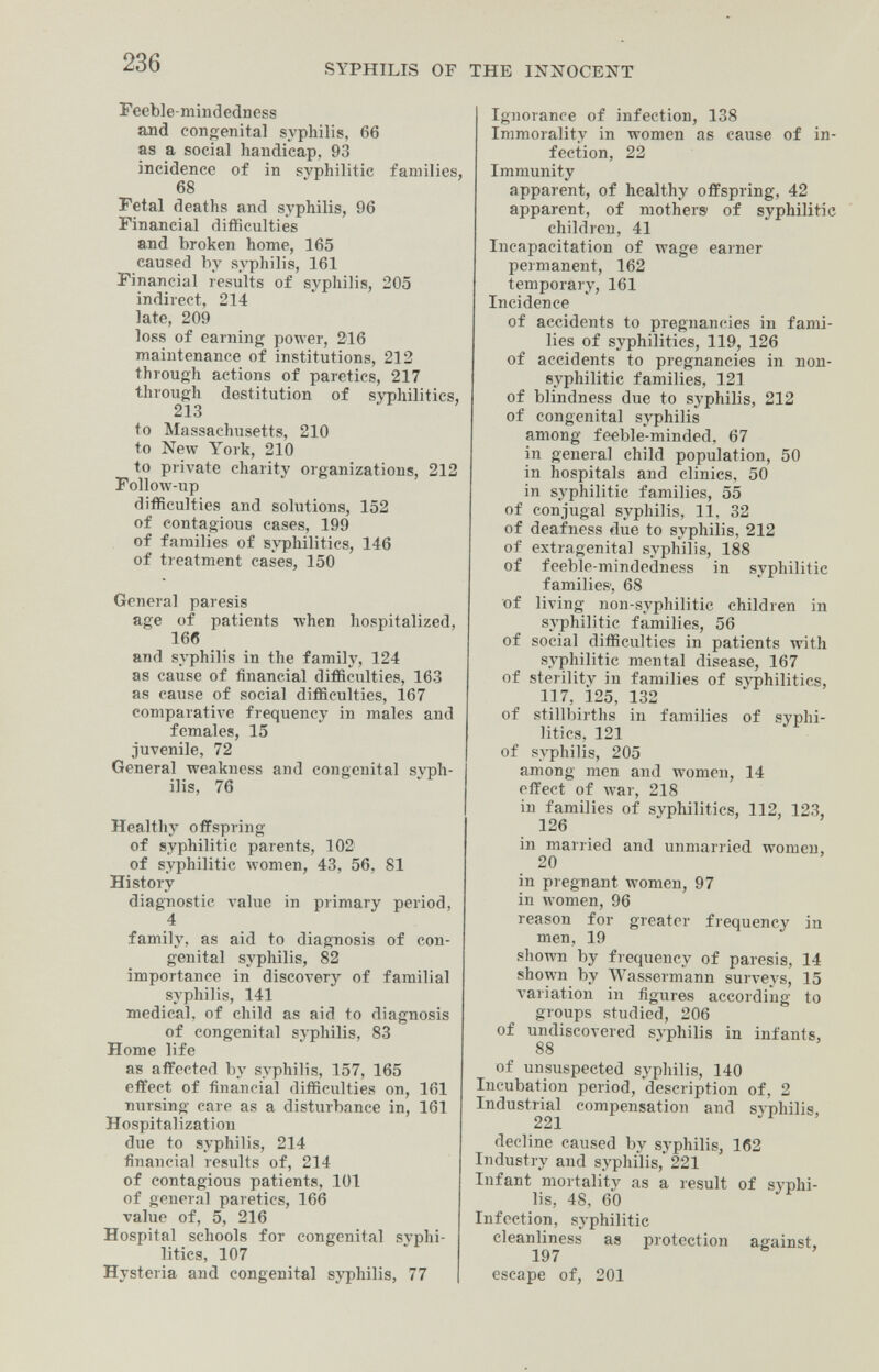 236 SYPHILIS OF THE INNOCENT Feeble-niindedness and congenital syphilis, 66 as a social handicap, 93 incidence of in syphilitic families, 68 Fetal deaths and syphilis, 96 Financial difficulties and broken home, 165 caused by syphilis, 161 Financial results of syphilis, 205 indirect, 214 late, 209 loss of earning power, 216 maintenance of institutions, 212 through actions of paretics, 217 through destitution of syphilitics, 213 to Massachusetts, 210 to New York, 210 to private charity organizations, 212 Follow-up difficulties and solutions, 152 of contagious cases, 199 of families of syphilitics, 146 of treatment cases, 150 General paresis age of patients when hospitalized, 166 and syphilis in the famih', 124 as cause of financial difficulties, 163 as cause of social difficulties, 167 comparatiA'e frequency in males and females, 15 .juvenile, 72 General weakness and congenital syph¬ ilis, 76 Healthy offspring of syphilitic parents, 102 of syphilitic women, 43, 56, 81 History diagnostic value in primary period, 4 family, as aid to diagnosis of con¬ genital syphilis, 82 importance in discovery of familial syphilis, 141 medical, of child as aid to diagnosis of congenital syphilis, 83 Home life as affected by syphilis, 157, 165 effect of financial difficulties on, 161 nursing care as a disturbance in, 161 Hospitalization due to syphilis, 214 financial results of, 214 of contagious patients, 101 of general paretics, 166 value of, 5, 216 Hospital schools for congenital syphi¬ litics, 107 Hysteria and congenital syphilis, 77 Ignorance of infection, 138 Immorality in women as cause of in¬ fection, 22 Immunity apparent, of healthy offspring, 42 apparent, of mothers of syphilitic children, 41 Incapacitation of wage earner permanent, 162 temporary, 161 Incidence of accidents to pregnancies in fami¬ lies of syphilitics, 119, 126 of accidents to pregnancies in non- syphilitic families, 121 of blindness due to syphilis, 212 of congenital syphilis among feeble-minded, 67 in general child population, 50 in hospitals and clinics, 50 in syphilitic families, 55 of conjugal syphilis, 11, 32 of deafness due to syphilis, 212 of extragenital syphilis, 188 of feeble-mindedness in syphilitic families', 68 of living non-syphilitic children in syphilitic families, 56 of social difficulties in patients with syphilitic mental disease, 167 of sterility in families of sj'philitics, 117,125,132 of stillbirths in families of syphi¬ litics, 121 of syphilis, 205 among men and women, 14 effect of war, 218 in families of syphilitics, 112, 123, 126 in married and unmarried women, 20 in pregnant Avomen, 97 in women, 96 reason for greater frequency in men, 19 shown by frequency of paresis, 14 shown by Wassermann surveys, 15 variation in figures according to groups studied, 206 of undiscovered syphilis in infants, 88 of unsuspected syphilis, 140 Incubation period, description of, 2 Industrial compensation and syphilis, 221 decline caused by syphilis, 162 Industry and syphilis, 221 Infant mortality as a result of syphi¬ lis, 48, 60 Infection, sj'philitic cleanliness as protection against, 197 escape of, 201