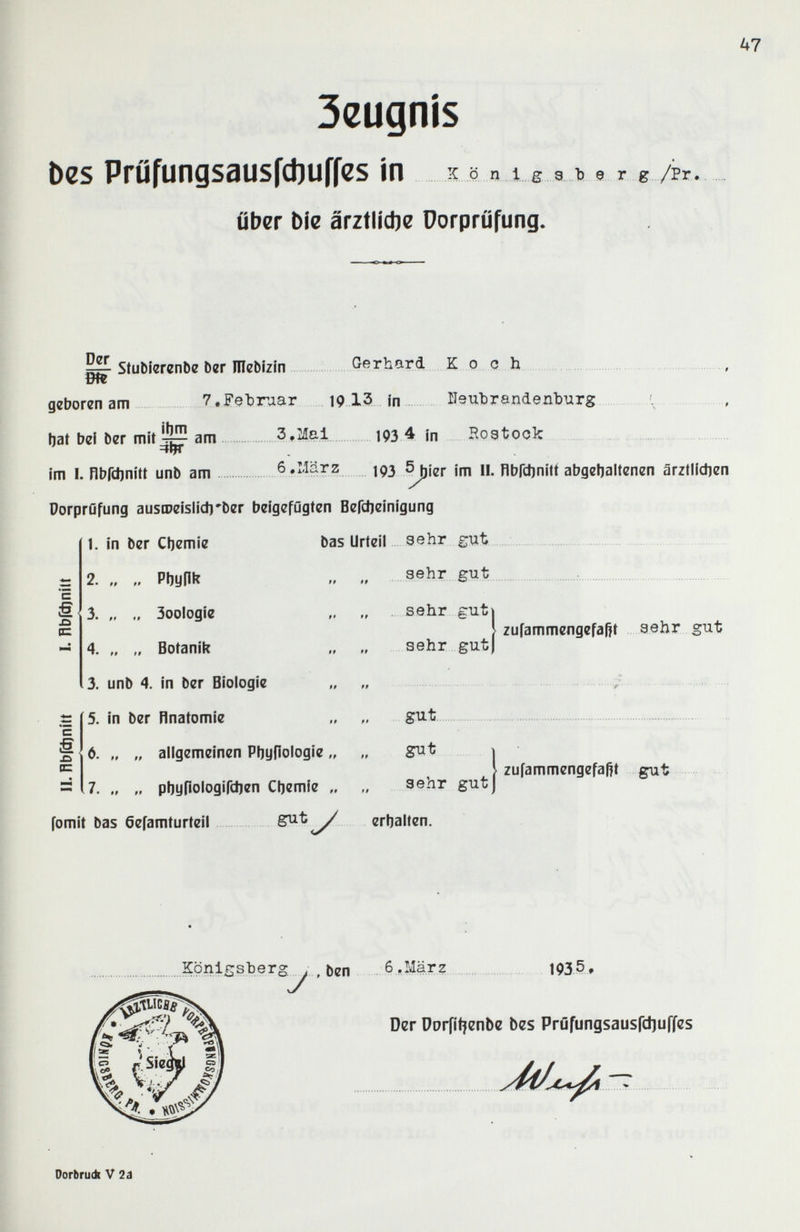 3eugnís bes PrufungsausCdiuffcs in X ö n 1 .g 3, b 9 г g /Рг. über bíc ârztlidie Dorpríifung. ^ StuDíerenbe Der mebîzin Gerhard К о с h geboren am bat bei Der mit ^ am =ftfr im I. flbrdjnitt unb am 7,Februar 19 13 in îleutrandenburg 3,Mal 193 4 in Rogtoolc 6.Marz ]93 5 hjj ^ier im II. nbfdjnift abgeljaltenen ärztlidien Dorprûfung ausmeislícti'ber beigefügten Befdjeinigung с ё хз 0= 1. in ber Cbemie 2. „ „ Pbyflk 3. „ 3ooIogie 4. „ „ Botanik 3. unb 4. in ber Biologie 5. in ber nnatomie 6. „ „ allgemeinen Phyflologie >, .7. „ pbynologifdien Cbemie „ fomit bas öefamturtell ^ n=. bas Urteil зеЬг gut „ „ sehr gut sehr guti „ .. sehr gut) i zufammengefaßt sehr gut . . gut gut , sehr gut) erhalten. > zufammengefaßt gut Dorbrudt V 2d