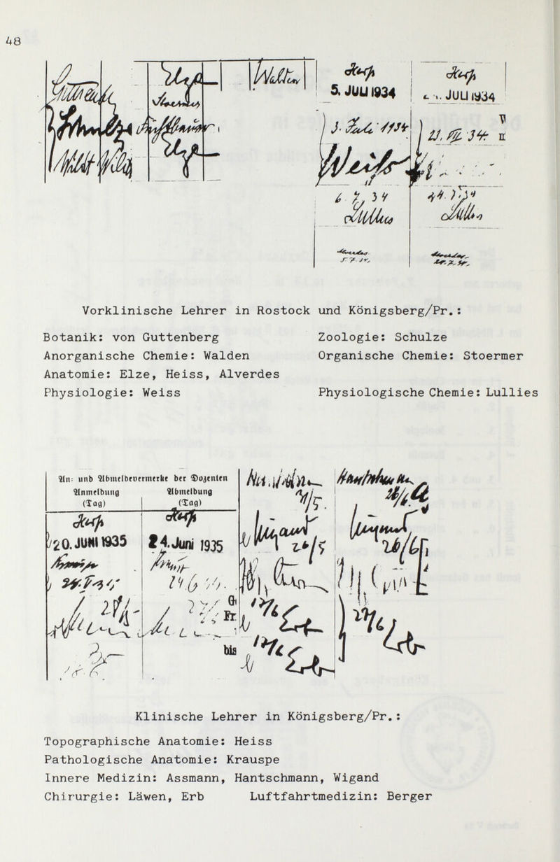 s. JUU1934 .. JUUiyö4 ^iUltiâ /*•0 Vorklinische Lehrer in Rostock und Königsberg/Pr.: Botanik: von Guttenberg Zoologie: Schulze Anorganische Chemie: Waiden Organische Chemie: Stoermer Anatomie: Elze, Heiss, Alverdes E^hysiologie: Weiss Physiologische Chemie: Lullies îln: unb ílbmflbfütrmfrbt bft фоз«пип ^nmrlbiiiie ïlbmtibuno (îog) !/20. JUNI 1935 I ' Ш (lOfl) tj.Juni 1935 /4 'Vh 14 ù rf - Á 1 ^ ^ / L Gl у /3 I (i '% - ^  ■¿cv Klinische Lehrer in Königsberg/Pr,: Topographische Anatomie: Heiss Pathologische Anatomie: Krauspe Innere Medizin: Assmann, Hantschmann, Wigand Chirurgie: Läwen, Erb Luftfahrtmedizin: Berger
