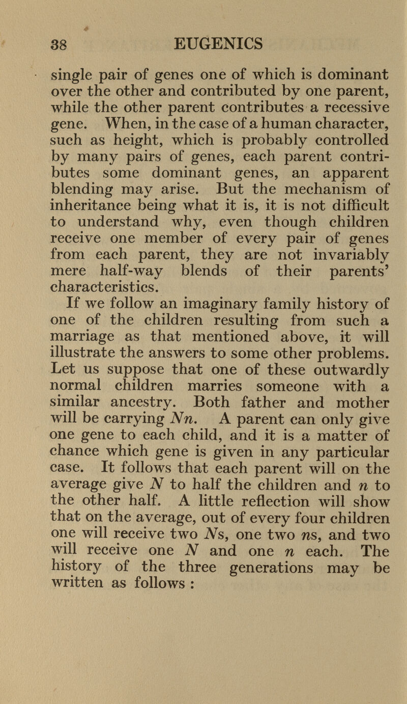 single pair of genes one of which is dominant over the other and contributed by one parent, while the other parent contributes a recessive gene. When, in the case of a human character, such as height, which is probably controlled by many pairs of genes, each parent contri butes some dominant genes, an apparent blending may arise. But the mechanism of inheritance being what it is, it is not difficult to understand why, even though children receive one member of every pair of genes from each parent, they are not invariably mere half-way blends of their parents' characteristics. If we follow an imaginary family history of one of the children resulting from such a marriage as that mentioned above, it will illustrate the answers to some other problems. Let us suppose that one of these outwardly normal children marries someone with a similar ancestry. Both father and mother will be carrying Nn. A parent can only give one gene to each child, and it is a matter of chance which gene is given in any particular case. It follows that each parent will on the average give N to half the children and n to the other half. A little reflection will show that on the average, out of every four children one will receive two Ns, one two ns, and two will receive one N and one n each. The history of the three generations may be written as follows :