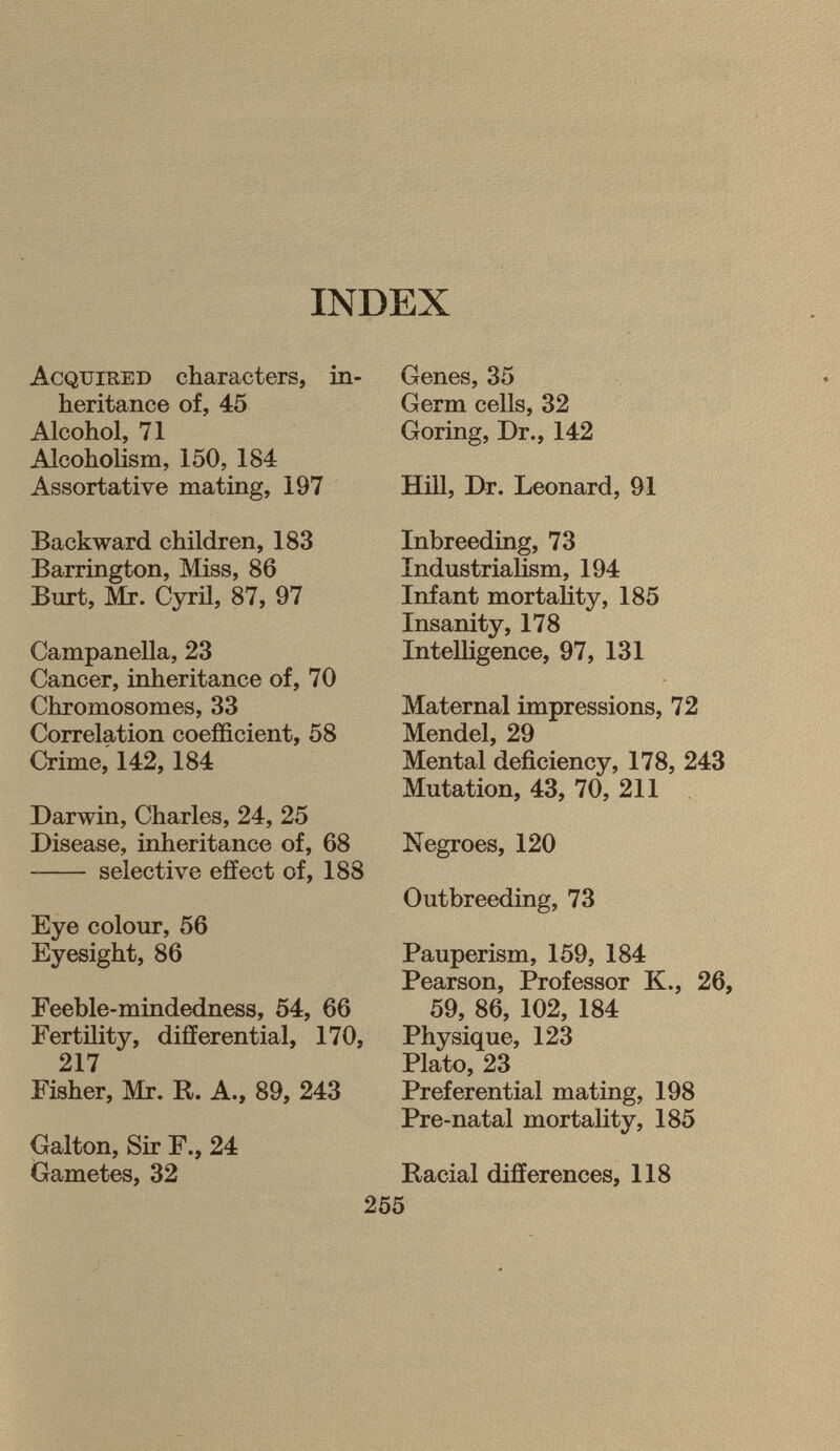 INDEX Acquired characters, in heritance of, 45 Alcohol, 71 Alcoholism, 150, 184 Assortative mating, 197 Backward children, 183 Barrington, Miss, 86 Burt, Mr. Cyril, 87, 97 Campanella, 23 Cancer, inheritance of, 70 Chromosomes, 33 Correlation coefficient, 58 Crime, 142,184 Darwin, Charles, 24, 25 Disease, inheritance of, 68 selective effect of, 188 Eye colour, 56 Eyesight, 86 Feeble-mindedness, 54, 66 Fertility, differential, 170, 217 Fisher, Mr. R. A., 89, 243 Galton, Sir F., 24 Gametes, 32 Genes, 35 Germ cells, 32 Goring, Dr., 142 Hill, Dr. Leonard, 91 Inbreeding, 73 Industrialism, 194 Infant mortality, 185 Insanity, 178 Intelligence, 97, 131 Maternal impressions, 72 Mendel, 29 Mental deficiency, 178, 243 Mutation, 43, 70, 211 Negroes, 120 Outbreeding, 73 Pauperism, 159, 184 Pearson, Professor K., 26, 59, 86, 102, 184 Physique, 123 Plato, 23 Preferential mating, 198 Pre-natal mortality, 185 Racial differences, 118