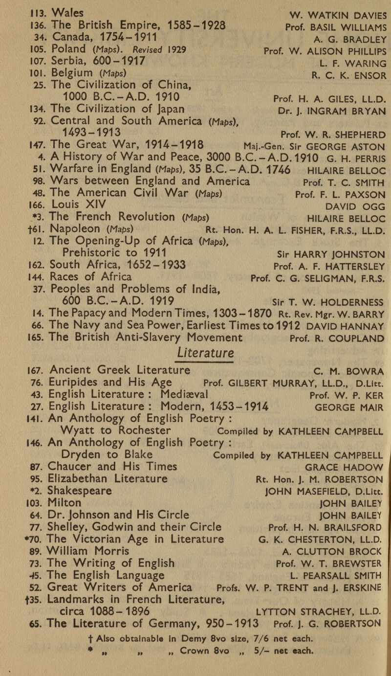 113. Wales w. watkin davies 136. The British Empire, 1585-1928 Prof. basil Williams 34. Canada, 1754-1911 a. g. bradley 1 05. Poland (Maps). Revised i929 Prof. w. alison phillips 107. Serbia, 600-1917 l. f. waring 101. Belgium (Maps) r. c. k. ensor 25. The Civilization of China, 1000 B.C.-A.D. 1910 Prof. H. A. GILES, LL.D. 134. The Civilization of Japan Dr. J. INGRAM BRYAN 92. Central and South America (Maps), 1493-1913 Prof. W. R. SHEPHERD 147. The Great War, 1914-1918 Maj.-Gen. Sir GEORGE ASTON 4. A History of War and Peace, 3000 B.C.-A.D. 1910 G. H. PERRIS 51. Warfare in England (Maps), 35 B .C.-A.D. 1746 hilaire belloc 98. Wars between England and America Prof. t. c. smith 48. The American Civil War (Maps) Prof. F. l. paxson 166. Louis XIV david ogg *3. The French Revolution (Maps) hilaire belloc +61. Napoleon (Maps) Rt. Hon. H. A. L. FISHER, F.R.S., LL.D. 12. The Opening-Up of Africa (Maps), Prehistoric to 1911 Sir harry johnston 1 62. South Africa, 1652-1933 Prof. a. f. hattersley 144. Races of Africa Prof. c. g. selig man, f.r .S. 37. Peoples and Problems of India, 600 B.C.-A.D. 1919 Sir t. w. holderness 14. The Papacy and Modern Times, 1303-1870 Rt. Rev. Mgr. W. barry 66. The Navy and Sea Power, Earliest Times to 1912 david hannay 165. The British Anti-Slavery Movement Prof. r. coupland Literature 167. Ancient Greek Literature c. m. bowra 76. Euripides and His Age Prof. gilbert murray, LL.D., D.Litt. 43. English Literature : Mediaeval Prof. w. P. ker 27. English Literature : Modern, 1453-1914 george mair I4I. An Anthology of English Poetry : Wyatt to Rochester Compiled by KATHLEEN CAMPBELL 146. An Anthology of English Poetry : Dryden to Blake Compiled by kathleen campbell 87. Chaucer and His Times grace hadow 95. Elizabethan Literature Rt. Hon. j. m. Robertson *2. Shakespeare john masefield, d .Litt. 103. Milton john bailey 64. Dr. Johnson and His Circle john bailey 77. Shelley, Godwin and their Circle Prof. h. n. brailsford *70. The Victorian Age in Literature g. k. C hesterton, ll.d. 89. William Morris a. clutton brock 73. The Writing of English Prof. w. t. brewster - #5 . The English Language l. pearsall smith 52. Great Writers of America Profs. w. P. trent and J. ersklne +35. Landmarks in French Literature, circa 1088-1896 lytton strachey, ll.d. 65. The Literature of Germany, 950-1913 Prof. J. G. ROBERTSON t Also obtainable in Demy 8vo size, 7/6 net each. * „ „ „ Crown 8vo „ 5/- net each.