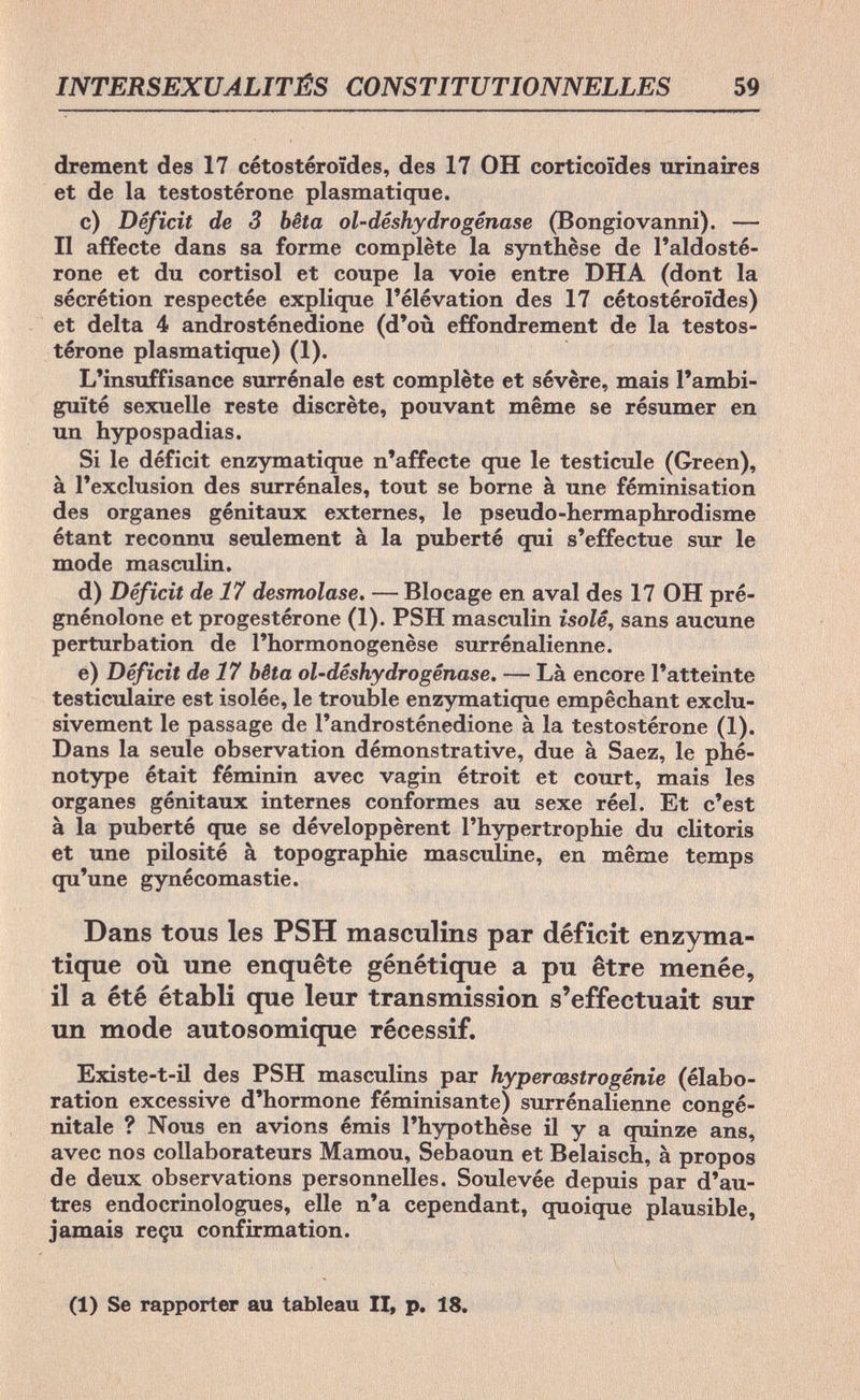 INTERSEXUALITÉS CONSTITUTIONNELLES 59 drement des 17 cétostéroïdes, des 17 OH corticoïdes urinaires et de la testostérone plasmatique. c) Déficit de 3 bêta ol-déshydrogênase (Bongiovanni). — Il affecte dans sa forme complète la synthèse de l'aldosté- rone et du Cortisol et coupe la voie entre DHA (dont la sécrétion respectée explique l'élévation des 17 cétostéroïdes) et delta 4 androsténedione (d'où effondrement de la testos¬ térone plasmatique) (1). L'insuffisance surrénale est complète et sévère, mais l'ambi¬ guïté sexuelle reste discrète, pouvant même se résumer en un hypospadias. Si le déficit enzymatique n'affecte que le testicule (Green), à l'exclusion des surrénales, tout se borne à une féminisation des organes génitaux externes, le pseudo-hermaphrodisme étant reconnu seulement à la puberté qui s'effectue sur le mode masculin. d) Déficit de 17 desmotase. — Blocage en aval des 17 OH pré- gnénolone et progestérone (1). PSH masculin isolé, sans aucune perturbation de l'hormonogenèse surrénalienne. e) Déficit de 17 bêta ol-déshydrogênase. — Là encore l'atteinte testiculaire est isolée, le trouble enzymatique empêchant exclu¬ sivement le passage de l'androsténedione à la testostérone (1). Dans la seule observation démonstrative, due à Saez, le phé- notype était féminin avec vagin étroit et court, mais les organes génitaux internes conformes au sexe réel. Et c'est à la puberté que se développèrent l'hypertrophie du clitoris et une pilosité à topographie masculine, en même temps qu'une gynécomastie. Dans tous les PSH masculins par déficit enzyma¬ tique où une enquête génétique a pu être menée, il a été établi que leur transmission s'effectuait sur un mode autosomique récessif. Existe-t-il des PSH masculins par hyperœstrogénie (élabo¬ ration excessive d'hormone féminisante) surrénalienne congé¬ nitale ? Nous en avions émis l'hypothèse il y a quinze ans, avec nos collaborateurs Mamou, Sebaoun et Belaisch, à propos de deux observations personnelles. Soulevée depuis par d'au¬ tres endocrinologues, elle n'a cependant, quoique plausible, jamais reçu confirmation. (1) Se rapporter au tableau II, p. 18.