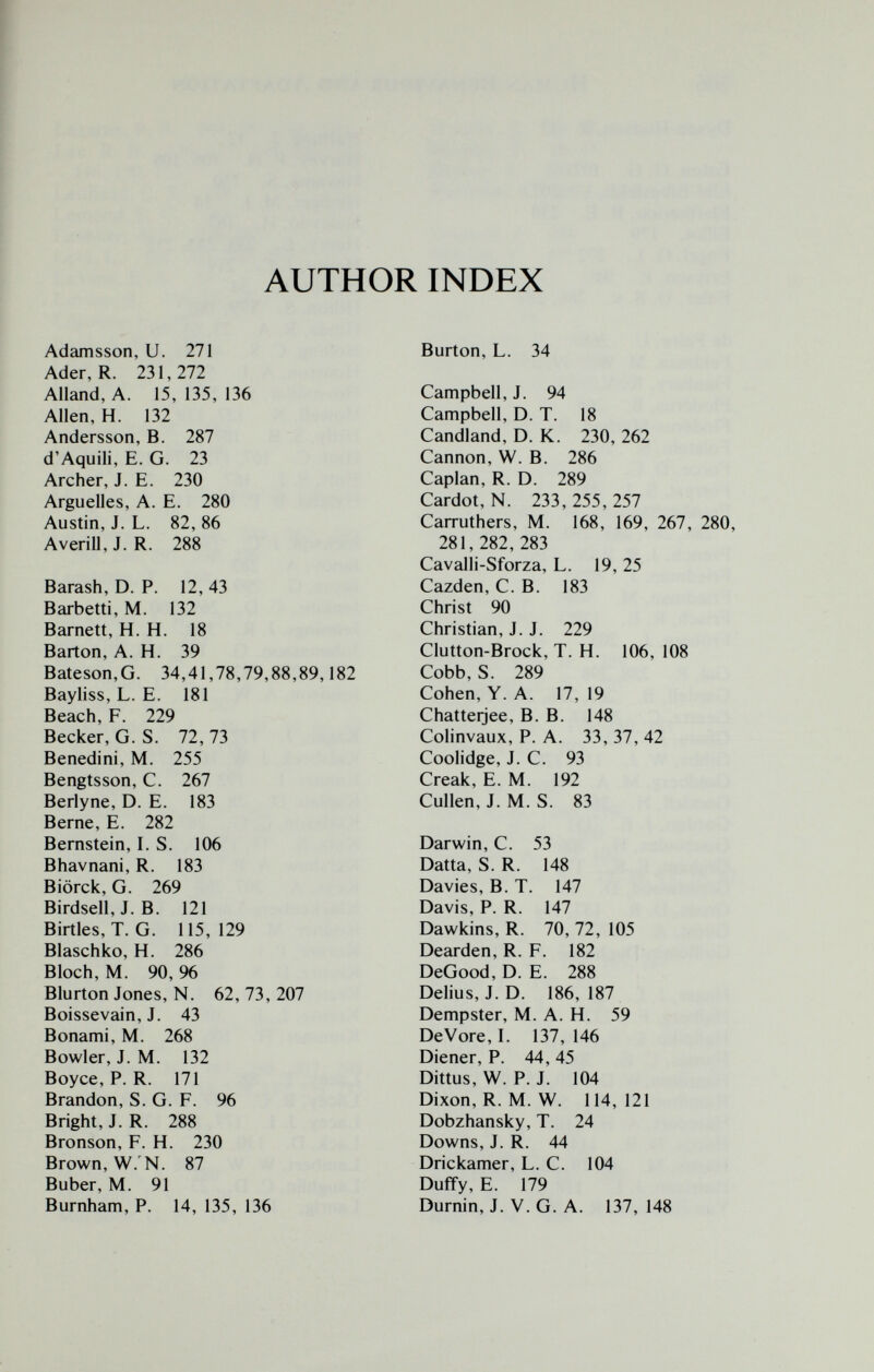 AUTHOR INDEX Adamsson, U. 271 Ader, R. 231,272 Alland, A. 15, 135, 136 Allen, H. 132 Andersson, B. 287 d'Aquili, E. G. 23 Archer, J. E. 230 Arguelles, A. E. 280 Austin, J. L. 82, 86 AveriU, J. R. 288 Barash, D. P. 12, 43 Barbetti, M. 132 Barnett, H. H. 18 Barton, A. H. 39 Bateson,G. 34,41,78,79,88,89,182 Bayliss, L. E. 181 Beach, F. 229 Becker, G. S. 72, 73 Benedini, M. 255 Bengtsson, C. 267 Berlyne, D. E. 183 Berne, E. 282 Bernstein, I. S. 106 Bhavnani, R. 183 Biörck, G. 269 Birdsell, J. В. 121 Birtles, T. G. 115,129 Blaschko, H. 286 Bloch, M. 90, 96 Blurton Jones, N. 62, 73, 207 Boissevain, J. 43 Bonami, M. 268 Bowler, J. M. 132 Boyce, P. R. 171 Brandon, S. G. F. 96 Bright, J. R. 288 Bronson, F. H. 230 Brown, W;N. 87 Buber, M. 91 Burnham, P. 14, 135, 136 Burton, L. 34 Campbell, J. 94 Campbell, D. T. 18 Candland, D. K. 230, 262 Cannon, W. B. 286 Caplan, R. D. 289 Cardot, N. 233, 255, 257 Carruthers, M. 168, 169, 267, 280, 281, 282, 283 Cavalli-Sforza, L. 19, 25 Cazden, C.B. 183 Christ 90 Christian, J. J. 229 Clutton-Brock, T. H. 106, 108 Cobb, S. 289 Cohen, Y. A. 17, 19 Chatterjee, B. B. 148 Colinvaux, P. A. 33,37,42 Coolidge, J. C. 93 Creak, E. M. 192 Cullen, J. M. S. 83 Darwin, C. 53 Datta, S. R. 148 Davies, B. T. 147 Davis, P. R. 147 Dawkins, R. 70, 72, 105 Dearden, R. F. 182 DeGood, D. E. 288 Delius, J. D. 186,187 Dempster, M. A. H. 59 DeVore, I. 137, 146 Diener, P. 44, 45 Dittus, W. P. J. 104 Dixon, R. M. W. 114,121 Dobzhansky, T. 24 Downs, J. R. 44 Drickamer, L. C. 104 Duffy, E. 179 Durnin, J. V. G. A. 137,148