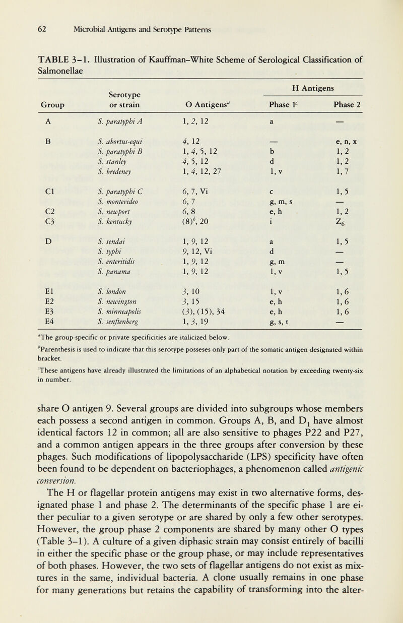 62 Microbial Antigens and Serotype Patterns TABLE 3-1. Illustration of Kauffman-White Scheme of Serological Classification of Salmonellae H Antigens Serotype  Group or strain О Antigens Phase V Phase 2 ■The group-specific or private specificities are italicized below. ''Parenthesis is used to indicate that this serotype posseses only part of the somatic antigen designated within bracket. ■^These antigens have already illustrated the limitations of an alphabetical notation by exceeding twenty-six in number. share О antigen 9. Several groups are divided into subgroups whose members each possess a second antigen in common. Groups A, B, and Dj have almost identical factors 12 in common; all are also sensitive to phages P22 and P27, and a common antigen appears in the three groups after conversion by these phages. Such modifications of lipopolysaccharide (LPS) specificity have often been found to be dependent on bacteriophages, a phenomenon called antigenic conversion. The H or flagellar protein antigens may exist in two alternative forms, des¬ ignated phase 1 and phase 2. The determinants of the specific phase 1 are ei¬ ther peculiar to a given serotype or are shared by only a few other serotypes. However, the group phase 2 components are shared by many other О types (Table 3-1). A culture of a given diphasic strain may consist entirely of bacilli in either the specific phase or the group phase, or may include representatives of both phases. However, the two sets of flagellar antigens do not exist as mix¬ tures in the same, individual bacteria. A clone usually remains in one phase for many generations but retains the capability of transforming into the alter-