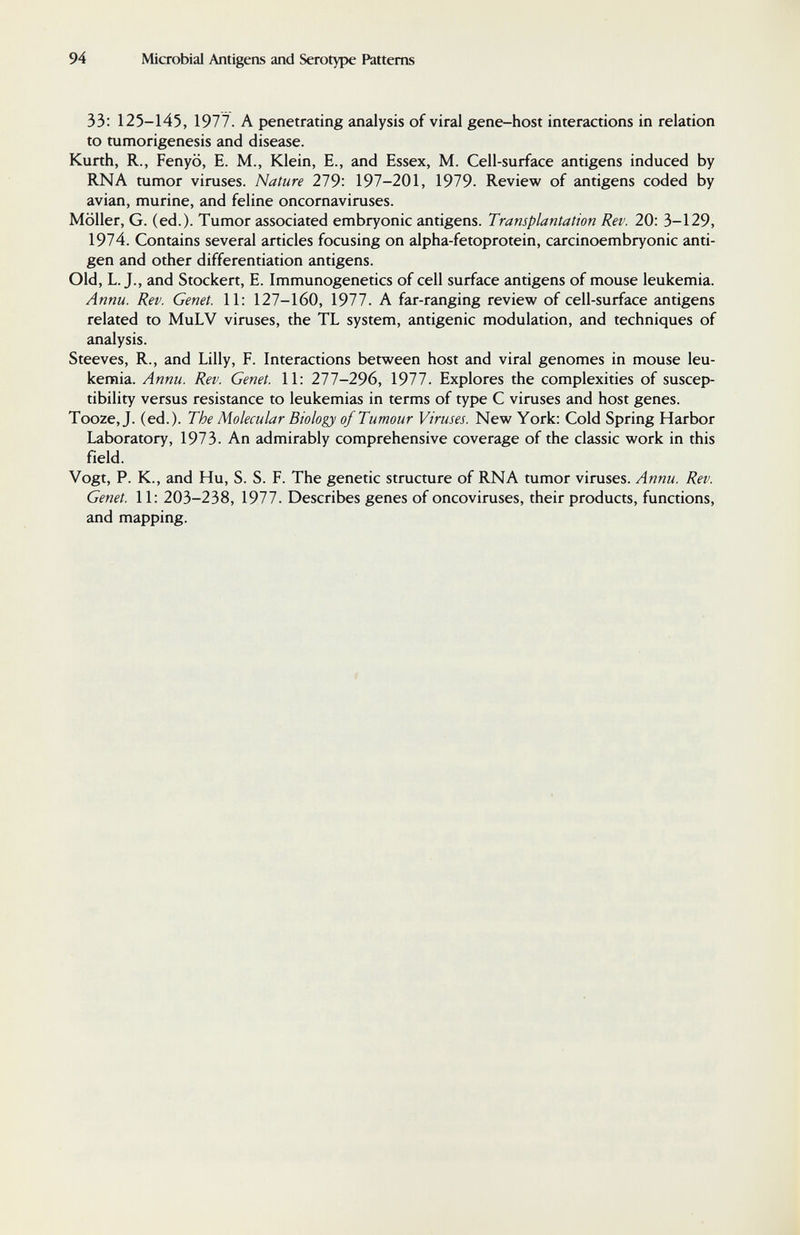 94 Microbial Antigens and Serotype Patterns 33: 125-145, 1977. A penetrating analysis of viral gene-host interactions in relation to tumorigenesis and disease. Kurth, R., Fenyö, E. M., Klein, E., and Essex, M. Cell-surface antigens induced by RNA tumor viruses. Nature 279: 197-201, 1979. Review of antigens coded by avian, murine, and feline oncornaviruses. Möller, G. (ed.). Tumor associated embryonic antigens. Transplantation Rev. 20: 3-129, 1974. Contains several articles focusing on alpha-fetoprotein, carcinoembryonic anti¬ gen and other differentiation antigens. Old, L. J., and Stockert, E. Immunogenetics of cell surface antigens of mouse leukemia. Annu. Rev. Genet. 11: 127-160, 1977. A far-ranging review of cell-surface antigens related to MuLV viruses, the TL system, antigenic modulation, and techniques of analysis. Steeves, R., and Lilly, F. Interactions between host and viral genomes in mouse leu¬ kemia. Annu. Rev. Genet. 11: 277-296, 1977. Explores the complexities of suscep¬ tibility versus resistance to leukemias in terms of type С viruses and host genes. Too2e,J. (ed.). The Molecular Biology of Tumour Viruses. New York: Cold Spring Harbor Laboratory, 1973. An admirably comprehensive coverage of the classic work in this field. Vogt, P. K., and Hu, S. S. F. The genetic structure of RNA tumor viruses. Annu. Rev. Genet. 11: 203-238, 1977. Describes genes of oncoviruses, their products, functions, and mapping.
