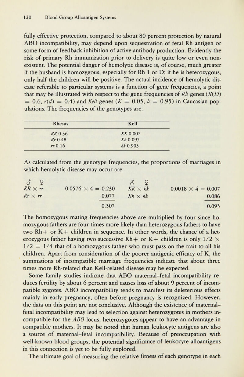 120 Blood Group Alloantigen Systems fully effective protection, compared to about 80 percent protection by natural ABO incompatibility, may depend upon sequestration of fetal Rh antigen or some form of feedback inhibition of active antibody production. Evidently the risk of primary Rh immunization prior to delivery is quite low or even non¬ existent. The potential danger of hemolytic disease is, of course, much greater if the husband is homozygous, especially for Rh 1 or D; if he is heterozygous, only half the children will be positive. The actual incidence of hemolytic dis¬ ease referable to particular systems is a function of gene frequencies, a point that may be illustrated with respect to the gene frequencies of Rh genes {R{D) = 0.6, r{d) = 0.4) and Kell genes {K = 0.05, k = 0.95) in Caucasian pop¬ ulations. The frequencies of the genotypes are: Rhesus Kell кко.ъв 0.002 Rr 0.48 Kk 0.095 rrO.16 kkOSOÒ As calculated from the genotype frequencies, the proportions of marriages in which hemolytic disease may occur are; c? 9 RR X rr Rr X rr 0.0576 X 4 = 0.230 0.077 0.307 9 KK X kk Kk X kk 0.0018 X 4 = 0.007 0.086 0.093 The homozygous mating frequencies above are multiplied by four since ho¬ mozygous fathers are four times more likely than heterozygous fathers to have two Rh+ or K+ children in sequence. In other words, the chance of a het¬ erozygous father having two successive Rh+ or K+ children is only 1/2 X 1/2 = 1/4 that of a homozygous father who must pass on the trait to all his children. Apart from consideration of the poorer antigenic efficacy of K, the summations of incompatible marriage frequencies indicate that about three times more Rh-related than Kell-related disease may be expected. Some family studies indicate that ABO maternal-fetal incompatibility re¬ duces fertility by about 6 percent and causes loss of about 9 percent of incom¬ patible zygotes. ABO incompatibility tends to manifest its deleterious effects mainly in early pregnancy, often before pregnancy is recognized. However, the data on this point are not conclusive. Although the existence of maternal- fetal incompatibility may lead to selection against heterozygotes in mothers in¬ compatible for the ABO locus, heterozygotes appear to have an advantage in compatible mothers. It may be noted that human leukocyte antigens are also a source of maternal-fetal incompatibility. Because of preoccupation with well-known blood groups, the potential significance of leukocyte alloantigens in this connection is yet to be fully explored. The ultimate goal of measuring the relative fitness of each genotype in each