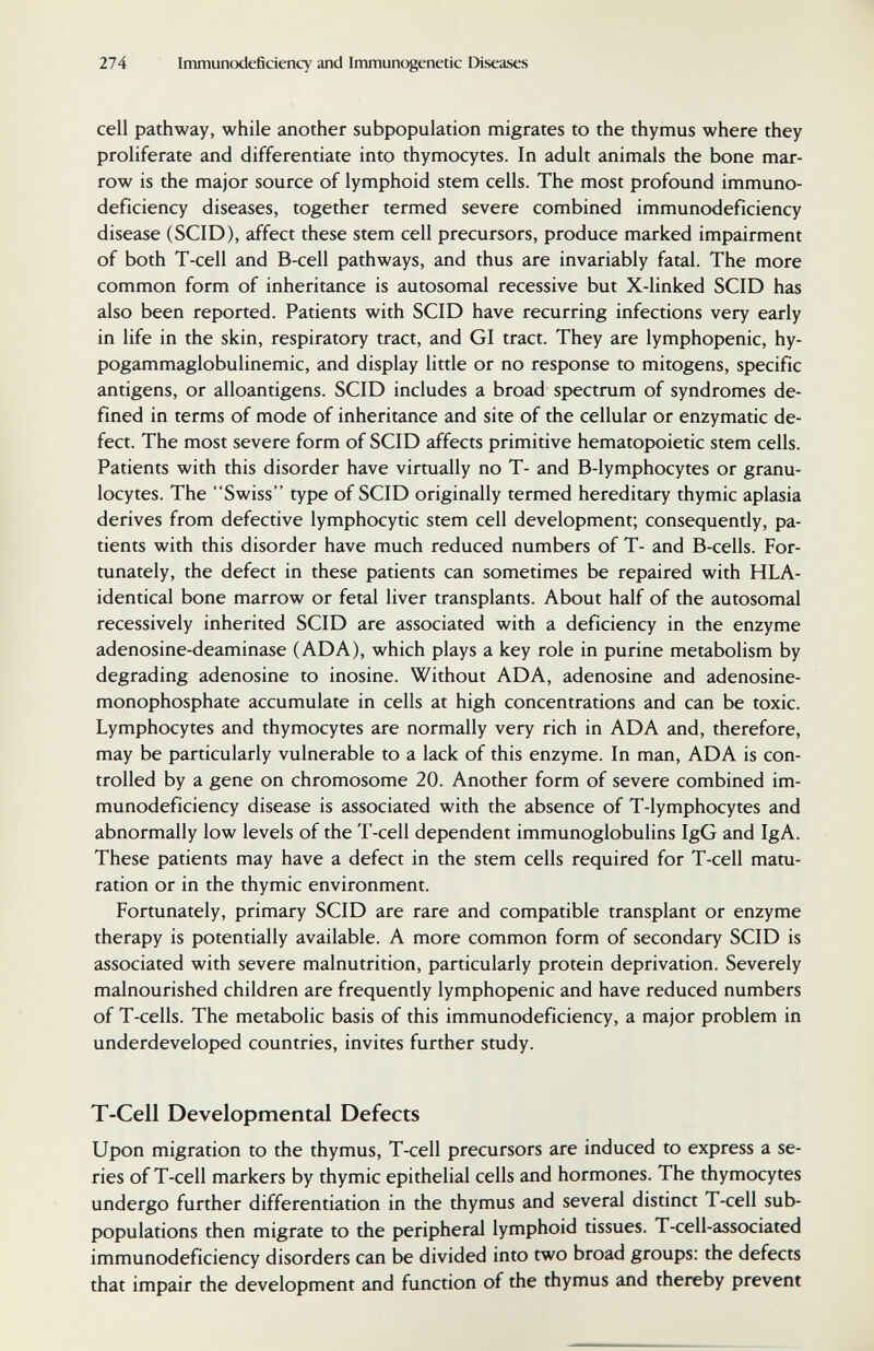 274 Immunodeficiency and Immunogenetic Diseases cell pathway, while another subpopulation migrates to the thymus where they proliferate and differentiate into thymocytes. In adult animals the bone mar¬ row is the major source of lymphoid stem cells. The most profound immuno¬ deficiency diseases, together termed severe combined immunodeficiency disease (SCID), affect these stem cell precursors, produce marked impairment of both T-cell and B-cell pathways, and thus are invariably fatal. The more common form of inheritance is autosomal recessive but X-linked SCID has also been reported. Patients with SCID have recurring infections very early in life in the skin, respiratory tract, and GI tract. They are lymphopenic, hy- pogammaglobulinemic, and display little or no response to mitogens, specific antigens, or alloantigens. SCID includes a broad spectrum of syndromes de¬ fined in terms of mode of inheritance and site of the cellular or enzymatic de¬ fect. The most severe form of SCID affects primitive hematopoietic stem cells. Patients with this disorder have virtually no T- and B-lymphocytes or granu¬ locytes. The Swiss type of SCID originally termed hereditary thymic aplasia derives from defective lymphocytic stem cell development; consequently, pa¬ tients with this disorder have much reduced numbers of T- and B-cells. For¬ tunately, the defect in these patients can sometimes be repaired with HLA- identical bone marrow or fetal liver transplants. About half of the autosomal recessively inherited SCID are associated with a deficiency in the enzyme adenosine-deaminase (ADA), which plays a key role in purine metabolism by degrading adenosine to inosine. Without ADA, adenosine and adenosine- monophosphate accumulate in cells at high concentrations and can be toxic. Lymphocytes and thymocytes are normally very rich in ADA and, therefore, may be particularly vulnerable to a lack of this enzyme. In man, ADA is con¬ trolled by a gene on chromosome 20. Another form of severe combined im¬ munodeficiency disease is associated with the absence of T-lymphocytes and abnormally low levels of the T-cell dependent immunoglobulins IgG and IgA. These patients may have a defect in the stem cells required for T-cell matu¬ ration or in the thymic environment. Fortunately, primary SCID are rare and compatible transplant or enzyme therapy is potentially available. A more common form of secondary SCID is associated with severe malnutrition, particularly protein deprivation. Severely malnourished children are frequently lymphopenic and have reduced numbers of T-cells. The metabolic basis of this immunodeficiency, a major problem in underdeveloped countries, invites further study. T-Cell Developmental Defects Upon migration to the thymus, T-cell precursors are induced to express a se¬ ries of T-cell markers by thymic epithelial cells and hormones. The thymocytes undergo further differentiation in the thymus and several distinct T-cell sub- populations then migrate to the peripheral lymphoid tissues. T-cell-associated immunodeficiency disorders can be divided into two broad groups: the defects that impair the development and function of the thymus and thereby prevent