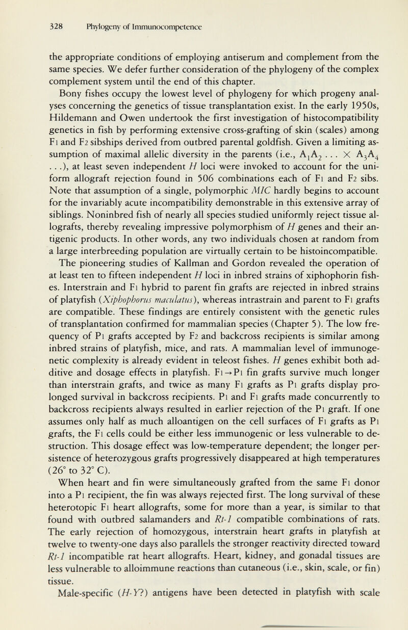 328 Phylogeny of Immunocompetence the appropriate conditions of employing antiserum and complement from the same species. We defer further consideration of the phylogeny of the complex complement system until the end of this chapter. Bony fishes occupy the lowest level of phylogeny for which progeny anal¬ yses concerning the genetics of tissue transplantation exist. In the early 1950s, Hildemann and Owen undertook the first investigation of histocompatibility genetics in fish by performing extensive cross-grafting of skin (scales) among Fl and F2 sibships derived from outbred parental goldfish. Given a limiting as¬ sumption of maximal allelic diversity in the parents (i.e., A1A2 ... X A3A4 . ..), at least seven independent H loci were invoked to account for the uni¬ form allograft rejection found in 506 combinations each of Fi and F2 sibs. Note that assumption of a single, polymorphic MIC hardly begins to account for the invariably acute incompatibility demonstrable in this extensive array of siblings. Noninbred fish of nearly all species studied uniformly reject tissue al¬ lografts, thereby revealing impressive polymorphism of H genes and their an¬ tigenic products. In other words, any two individuals chosen at random from a large interbreeding population are virtually certain to be histoincompatible. The pioneering studies of Kallman and Gordon revealed the operation of at least ten to fifteen independent H loci in inbred strains of xiphophorin fish¬ es. Interstrain and Fi hybrid to parent fin grafts are rejected in inbred strains of platyfish {Xiphophorus maculatus), whereas intrastrain and parent to Fi grafts are compatible. These findings are entirely consistent with the genetic rules of transplantation confirmed for mammalian species (Chapter 5). The low fre¬ quency of Pi grafts accepted by F2 and backcross recipients is similar among inbred strains of platyfish, mice, and rats. A mammalian level of immunoge- netic complexity is already evident in teleost fishes. H genes exhibit both ad¬ ditive and dosage effects in platyfish. Fi^Pi fin grafts survive much longer than interstrain grafts, and twice as many Fi grafts as Pi grafts display pro¬ longed survival in backcross recipients. Pi and Fi grafts made concurrently to backcross recipients always resulted in earlier rejection of the Pi graft. If one assumes only half as much alloantigen on the cell surfaces of Fi grafts as Pi grafts, the Fi cells could be either less immunogenic or less vulnerable to de¬ struction. This dosage effect was low-temperature dependent; the longer per¬ sistence of heterozygous grafts progressively disappeared at high temperatures (26° to 32° C). When heart and fin were simultaneously grafted from the same Fi donor into a Pi recipient, the fin was always rejected first. The long survival of these heterotopic Fi heart allografts, some for more than a year, is similar to that found with outbred salamanders and Rt-1 compatible combinations of rats. The early rejection of homozygous, interstrain heart grafts in platyfish at twelve to twenty-one days also parallels the stronger reactivity directed toward Rt-1 incompatible rat heart allografts. Heart, kidney, and gonadal tissues are less vulnerable to alloimmune reactions than cutaneous (i.e., skin, scale, or fin) tissue. Male-specific (Я-У?) antigens have been detected in platyfish with scale