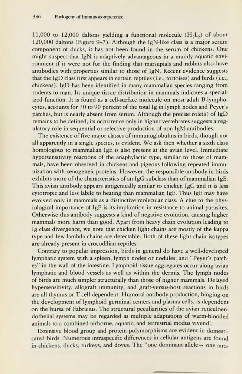 336 Phylogeny of Immunocompetence 11,000 to 12,000 daltons yielding a functional molecule (H2L2) of about 120,000 daltons (Figure 9-7). Although the IgN-like class is a major serum component of ducks, it has not been found in the serum of chickens. One might suspect that IgN is adaptively advantageous in a muddy aquatic envi¬ ronment if it were not for the finding that marsupials and rabbits also have antibodies with properties similar to those of IgN. Recent evidence suggests that the IgD class first appears in certain reptiles (i.e., tortoises) and birds (i.e., chickens). IgD has been identified in many mammalian species ranging from rodents to man. Its unique tissue distribution in mammals indicates a special¬ ized function. It is found as a cell-surface molecule on most adult B-lympho- cytes, accounts for 70 to 90 percent of the total Ig in lymph nodes and Peyer's patches, but is nearly absent from serum. Although the precise role(s) of IgD remains to be defined, its occurrence only in higher vertebrates suggests a reg¬ ulatory role in sequential or selective production of non-IgM antibodies. The existence of five major classes of immunoglobulins in birds, though not all apparently in a single species, is evident. We ask then whether a sixth class homologous to mammalian IgE is also present at the avian level. Immediate hypersensitivity reactions of the anaphylactic type, similar to those of mam¬ mals, have been observed in chickens and pigeons following repeated immu¬ nization with xenogeneic proteins. However, the responsible antibody in birds exhibits more of the characteristics of an IgG subclass than of mammalian IgE. This avian antibody appears antigenically similar to chicken IgG and it is less cytotropic and less labile to heating than mammalian IgE. Thus IgE may have evolved only in mammals as a distinctive molecular class. A clue to the phys¬ iological importance of IgE is its implication in resistance to animal parasites. Otherwise this antibody suggests a kind of negative evolution, causing higher mammals more harm than good. Apart from heavy chain evolution leading to Ig class divergence, we note that chicken light chains are mostly of the kappa type and few lambda chains are detectable. Both of these light chain isotypes are already present in crocodilian reptiles. Contrary to popular impression, birds in general do have a well-developed lymphatic system with a spleen, lymph nodes or nodules, and Peyer's patch¬ es in the wall of the intestine. Lymphoid tissue aggregates occur along avian lymphatic and blood vessels as well as within the dermis. The lymph nodes of birds are much simpler structurally than those of higher mammals. Delayed hypersensitivity, allograft immunity, and graft-versus-host reactions in birds are all thymus or T-cell dependent. Humoral antibody production, hinging on the development of lymphoid germinal centers and plasma cells, is dependent on the bursa of Fabricius. The structural peculiarities of the avian reticuloen¬ dothelial systems may be regarded as multiple adaptations of warm-blooded animals to a combined airborne, aquatic, and terrestrial modus vivendi. Extensive blood group and protein polymorphisms are evident in domesti¬ cated birds. Numerous intraspecific differences in cellular antigens are found in chickens, ducks, turkeys, and doves. The one dominant allele-» one anti-