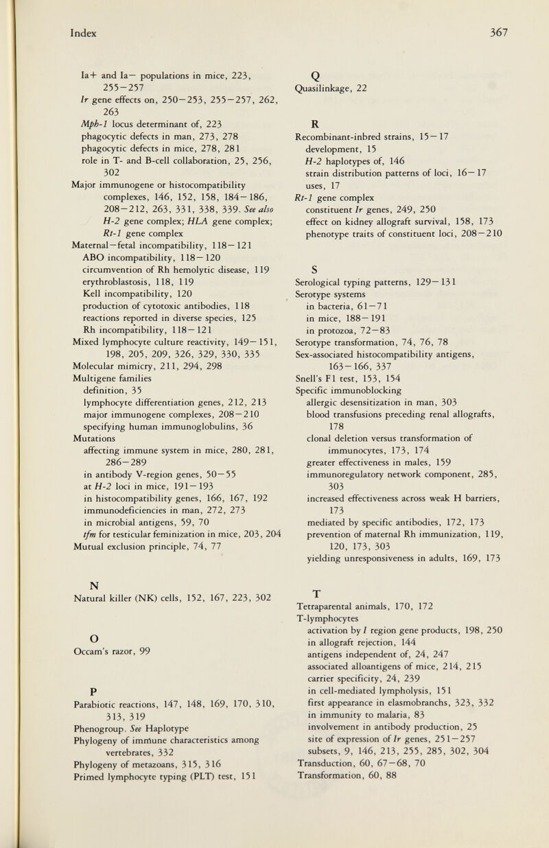 Index 367 Ia+ and la— populations in mice, 223, 255-257 Ir gene effects on, 250—253, 255 — 257, 262, 263 Mph-1 locus determinant of, 223 phagocytic defects in man, 273, 278 phagocytic defects in mice, 278, 281 role in T- and B-cell collaboration, 25, 256, 302 Major immunogene or histocompatibility complexes, 146, 152, 158, 184—186, 208-212, 263, 331, 338, 339- See also H-2 gene complex; HLA gene complex; Rt-1 gene complex Maternal—fetal incompatibility, 118—121 ABO incompatibility, 118—120 circumvention of Rh hemolytic disease, 119 erythroblastosis, 118, 119 Kell incompatibility, 120 production of cytotoxic antibodies, 118 reactions reported in diverse species, 125 Rh incompatibility, 118—121 Mixed lymphocyte culture reactivity, 149—151, 198, 205, 209, 326, 329, 330, 335 Molecular mimicry, 211, 294, 298 Multigene families definition, 35 lymphocyte differentiation genes, 212, 213 major immunogene complexes, 208—210 specifying human immunoglobulins, 36 Mutations affecting immune system in mice, 280, 281, 286-289 in antibody V-region genes, 50—55 at H-2 loci in mice, 191—193 in histocompatibility genes, 166, 167, 192 immunodeficiencies in man, 272, 273 in microbial antigens, 59, 70 t/m for testicular feminization in mice, 203, 204 Mutual exclusion principle, 74, 77 N Natural killer (NK) cells, 152, 167, 223, 302 О Occam's razor, 99 P Parabiotic reactions, 147, 148, 169, 170, 310, 313, 319 Phenogroup. See Haplotype Phylogeny of immune characteristics among vertebrates, 332 Phylogeny of metazoans, 315, 316 Primed lymphocyte typing (PLT) test, 151 , Q Quasilinkage, 22 R Recombinant-inbred strains, 15—17 development, 15 H-2 haplotypes of, 146 strain distribution patterns of loci, 16— 17 uses, 17 Rt-1 gene complex constituent Ir genes, 249, 250 effect on kidney allograft survival, 158, 173 phenotype traits of constituent loci, 208—210 S Serological typing patterns, 129—131 Serotype systems in bacteria, 61—71 in mice, 188— 191 in protozoa, 72—83 Serotype transformation, 74, 76, 78 Sex-associated histocompatibility antigens, 163-166, 337 Snell's Fl test, 153, 154 Specific immunoblocking allergic desensitization in man, 303 blood transfusions preceding renal allografts, 178 clonal deletion versus transformation of immunocytes, 173, 174 greater effectiveness in males, 159 immunoregulatory network component, 285, 303 increased effectiveness across weak H barriers, 173 mediated by specific antibodies, 172, 173 prevention of maternal Rh immunization, 119, 120, 173, 303 yielding unresponsiveness in adults, 169, 173 T Tetraparental animals, 170, 172 T-lymphocytes activation by I region gene products, 198, 250 in allograft rejection, 144 antigens independent of, 24, 247 associated alloantigens of mice, 214, 215 carrier specificity, 24, 239 in cell-mediated lympholysis, 151 first appearance in elasmobranchs, 323, 332 in immunity to malaria, 83 involvement in antibody production, 25 site of expression of Ir genes, 251 — 257 subsets, 9, 146, 213, 255, 285, 302, 304 Transduction, 60, 67 — 68, 70 Transformation, 60, 88