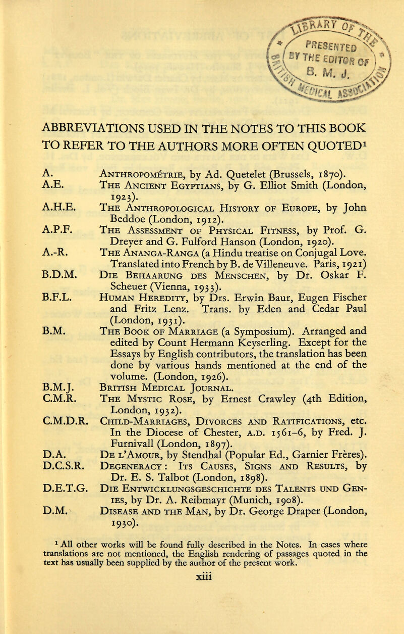 t y presented ^ l^(Ey THE EDITQH Qf $V>5 J -< ABBREVIATIONS USED IN THE NOTES TO THIS BOOK TO REFER TO THE AUTHORS MORE OFTEN QUOTED 1 A. Anthropométrie, by Ad. Quetelet (Brussels, 1870). A.E. The Ancient Egyptians, by G. Elliot Smith (London, 1923). A.H.E. The Anthropological History of Europe, by John Beddoe (London, 1912). A.P.F. The Assessment of Physical Fitness, by Prof. G. Dreyer and G. Fulford Hanson (London, 1920). A. -R. The Ananga-Ranga (a Hindu treatise on Conjugal Love. Translated into French by B. de Villeneuve. Paris, 1921) B. D.M. Die Behaarung des Menschen, by Dr. Oskar F. Scheuer (Vienna, 1933). B.F.L. Human Heredity, by Drs. Erwin Baur, Eugen Fischer and Fritz Lenz. Trans, by Eden and Cedar Paul (London, 1931). B.M. The Book of Marriage (a Symposium). Arranged and edited by Count Hermann Keyserling. Except for the Essays by English contributors, the translation has been done by various hands mentioned at the end of the volume. (London, 1926). B. M.J. British Medical Journal. C. M.R. The Mystic Rose, by Ernest Crawley (4th Edition, London, 1932). C. M.D.R. Child-Marriages, Divorces and Ratifications, etc. In the Diocese of Chester, a.d. 15 61-6, by Fred. J. Furnivall (London, 1897). D. A. De l’Amour, by Stendhal (Popular Ed., Gamier Frères). D.C.S.R. Degeneracy : Its Causes, Signs and Results, by Dr. E. S. Talbot (London, 1898). D.E.T.G. Die Entwicklungsgeschichte des Talents und Gen ies, by Dr. A. Reibmayr (Munich, 1908). D.M. Disease and the Man, by Dr. George Draper (London, I 93 °)* 1 All other works will be found fully described in the Notes. In cases where translations are not mentioned, the English rendering of passages quoted in the text has usually been supplied by the author of the present work.