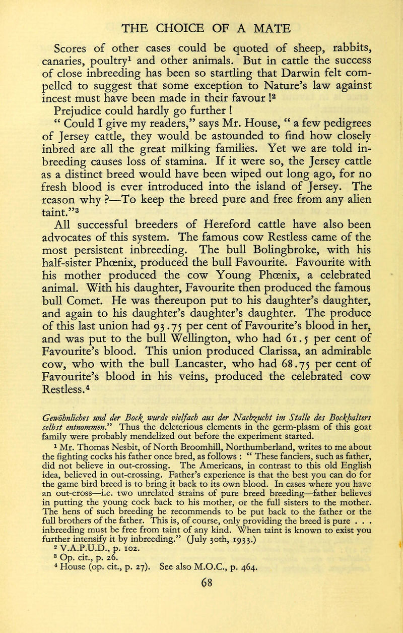 Scores of other cases could be quoted of sheep, rabbits, canaries, poultry 1 and other animals. But in cattle the success of close inbreeding has been so startling that Darwin felt com pelled to suggest that some exception to Nature’s law against incest must have been made in their favour ! 2 Prejudice could hardly go further ! “ Could I give my readers,” says Mr. House, “ a few pedigrees of Jersey cattle, they would be astounded to find how closely inbred are all the great milking families. Yet we are told in- breeding causes loss of stamina. If it were so, the Jersey cattle as a distinct breed would have been wiped out long ago, for no fresh blood is ever introduced into the island of Jersey. The reason why ?—To keep the breed pure and free from any alien taint.” 3 All successful breeders of Hereford cattle have also been advocates of this system. The famous cow Restless came of the most persistent inbreeding. The bull Bolingbroke, with his half-sister Phoenix, produced the bull Favourite. Favourite with his mother produced the cow Young Phoenix, a celebrated animal. With his daughter, Favourite then produced the famous bull Comet. He was thereupon put to his daughter’s daughter, and again to his daughter’s daughter’s daughter. The produce of this last union had 93.75 per cent of Favourite’s blood in her, and was put to the bull Wellington, who had 61.5 per cent of Favourite’s blood. This union produced Clarissa, an admirable cow, who with the bull Lancaster, who had 68.75 per cent of Favourite’s blood in his veins, produced the celebrated cow Restless. 4 Gewöhnliches und der Bock, wurde vielfach aus der Nachzucht im Stalle des Bockhalters selbst entnommen .” Thus the deleterious elements in the germ-plasm of this goat family were probably mendelized out before the experiment started. 1 Mr. Thomas Nesbit, of North Broomhill, Northumberland, writes to me about the fighting cocks his father once bred, as follows : “ These fanciers, such as father, did not believe in out-crossing. The Americans, in contrast to this old English idea, believed in out-crossing. Father’s experience is that the best you can do for the game bird breed is to bring it back to its own blood. In cases where you have an out-cross—i.e. two unrelated strains of pure breed breeding—father believes in putting the young cock back to his mother, or the full sisters to the mother. The hens of such breeding he recommends to be put back to the father or the full brothers of the father. This is, of course, only providing the breed is pure . . . inbreeding must be free from taint of any kind. When taint is known to exist you further intensify it by inbreeding.” (July 30th, 1933.) 2 V.A.P.U.D., p. 102. 3 Op. cit., p. 26. 4 House (op. cit., p. 27). See also M.O.C., p. 464.