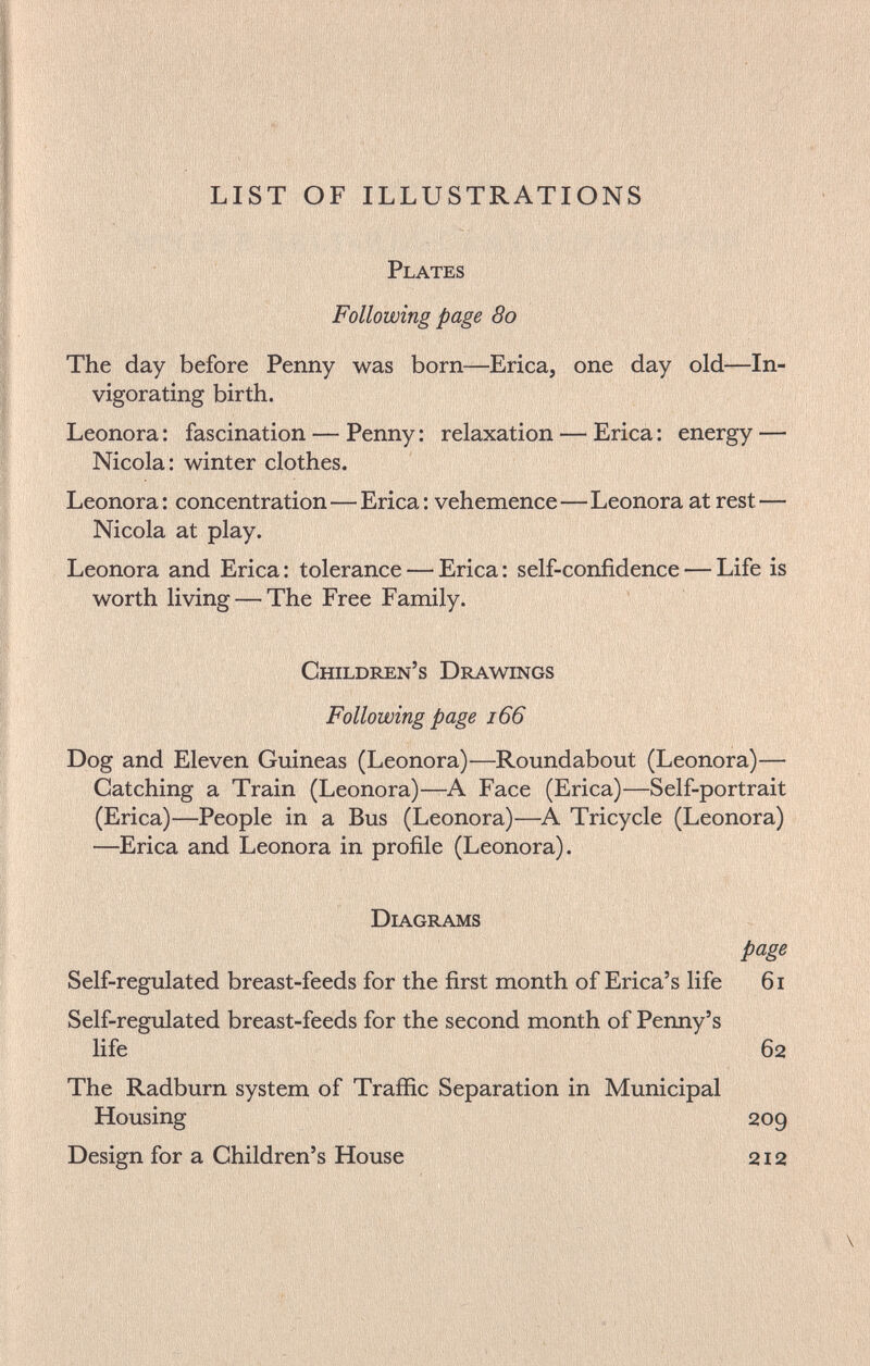 LIST OF ILLUSTRATIONS Plates Following page 80 The day before Penny was born—Erica, one day old-—In¬ vigorating birth. Leonora : fascination — Penny : relaxation — Erica : energy — Nicola: winter clothes. Leonora: concentration—Erica : vehemence—Leonora at rest — Nicola at play. Leonora and Erica : tolerance — Erica : self-confidence — Life is worth living — The Free Family. Children's Drawings Following page 166 Dog and Eleven Guineas (Leonora)—Roundabout (Leonora)— Catching a Train (Leonora)—A Face (Erica)—Self-portrait (Erica)—People in a Bus (Leonora)—A Tricycle (Leonora) ■—Erica and Leonora in profile (Leonora). Diagrams page Self-regulated breast-feeds for the first month of Erica's life 61 Self-regulated breast-feeds for the second month of Penny's life 62 The Radburn system of Trafile Separation in Municipal Housing 209 Design for a Children's House 212