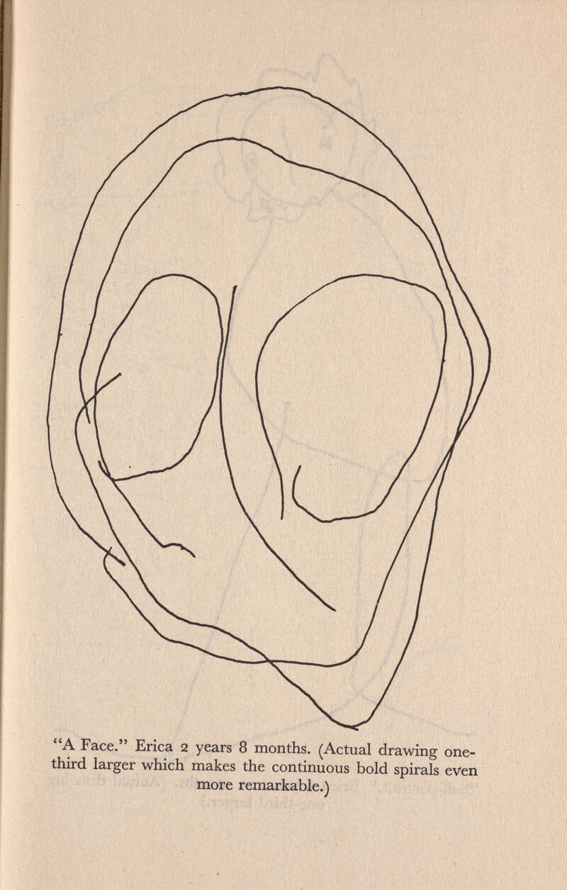 A Face. Erica 2 years 8 months. (Actual drawing one- third larger which makes the continuous bold spirals even \ more remarkable.)