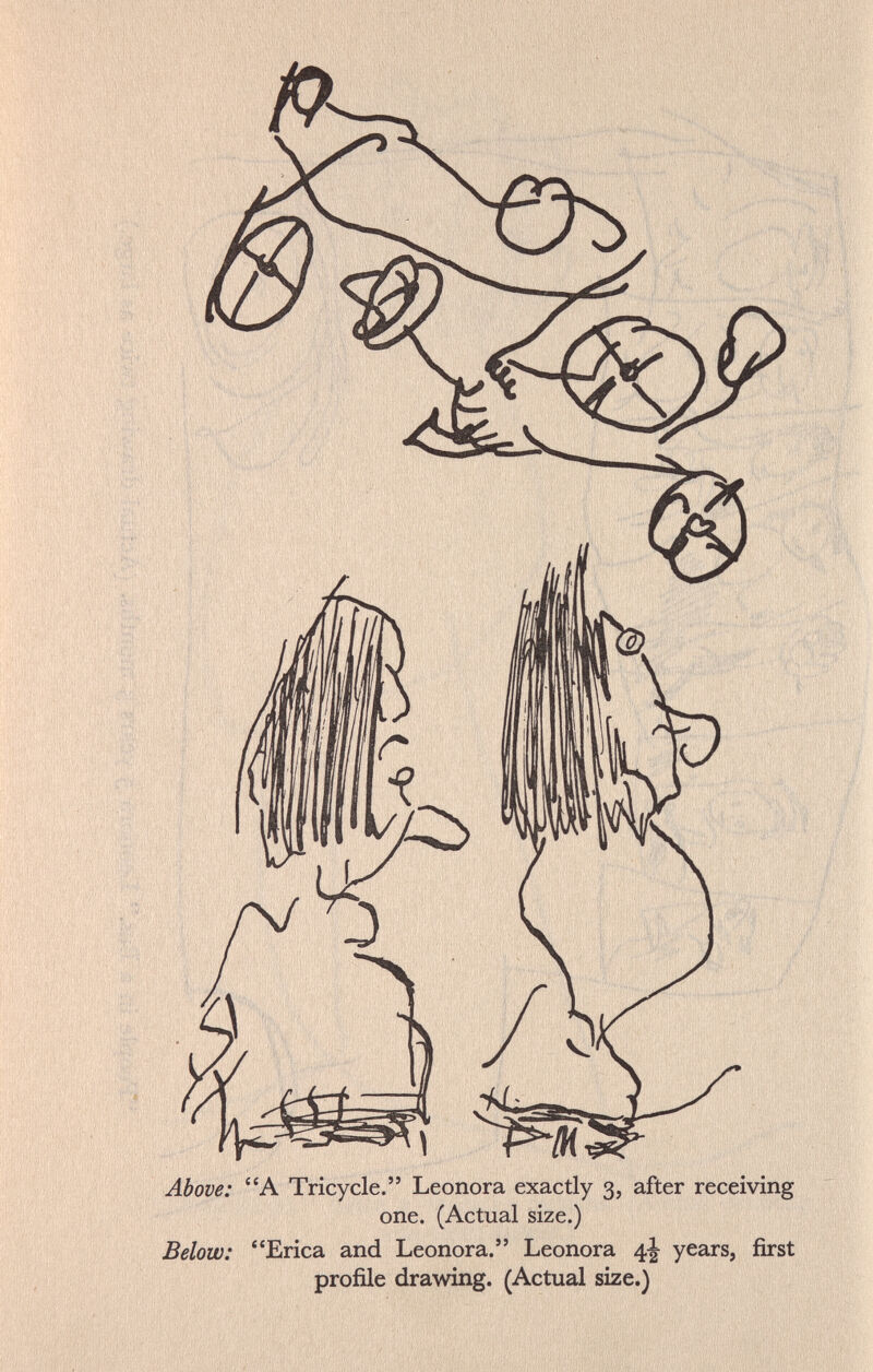 Above: A Tricycle. Leonora exactly 3, after receiving one. (Actual size.) Below: Erica and Leonora. Leonora 4J years, first profile drawing. (Actual size.)