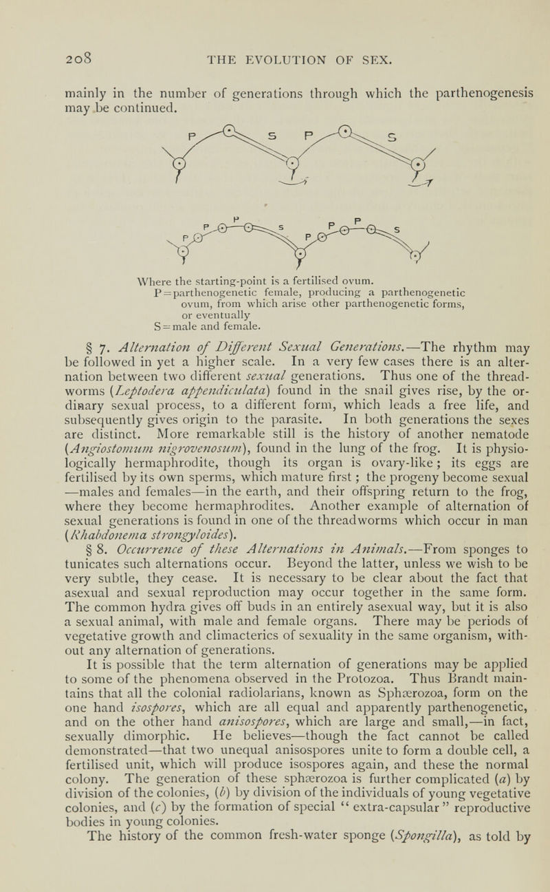 2o8 THE EVOLUTION OF SEX. mainly in the number of generations through which the parthenogenesis may be continued. Where the starting-point is a fertilised ovum. P = parthenogenetic female, producing a parthenogenetic ovum, from which arise other parthenogenetic forms, or eventually S = male and female. § 7. Alternation of Different Sexual Generations.—The rhythm may be followed in yet a higher scale. In a very few cases there is an alter¬ nation between two different sexnal generations. Thus one of the thread¬ worms {Leptodera appendiailata) found in the snail gives rise, by the or- diHary sexual process, to a different form, which leads a free life, and subsequently gives origin to the parasite. In both generations the sexes are distinct. More remarkable still is the history of another nematode {Angiostomiim ìtigì-ovenosiini), found in the lung of the frog. It is physio¬ logically hermaphrodite, though its organ is ovary-like ; its eggs are fertilised by its own sperms, which mature first ; the progeny become sexual —males and females—in the earth, and their offspring return to the frog, where they become hermaphrodites. Another example of alternation of sexual generations is found in one of the threadworms which occur in man ( Rhabdonema st rangy loi des). § 8. Occuì-rence of these Alternations iti Animals.—From sponges to tunicates such alternations occur. Beyond the latter, unless we wish to be very subtle, they cease. It is necessary to be clear about the fact that asexual and sexual reproduction may occur together in the same form. The common hydra gives off buds in an entirely asexual way, but it is also a sexual animal, with male and female organs. There may be periods of vegetative growth and climacterics of sexuality in the same organism, with¬ out any alternation of generations. It is possible that the term alternation of generations may be applied to some of the phenomena observed in the Protozoa. Thus Brandt main¬ tains that all the colonial radiolarians, known as Sphoerozoa, form on the one hand isospores, which are all equal and apparently parthenogenetic, and on the other hand anisospores, which are large and small,—in fact, sexually dimorphic. He believes-—though the fact cannot be called demonstrated—that two unequal anisospores unite to form a double cell, a fertilised unit, which will produce isospores again, and these the normal colony. The generation of these sphœrozoa is further complicated (a) by division of the colonies, [b) by division of the individuals of young vegetative colonies, and (c) by the formation of special  extra-capsular reproductive bodies in young colonies. The history of the common fresh-water sponge [Spongilla), as told by