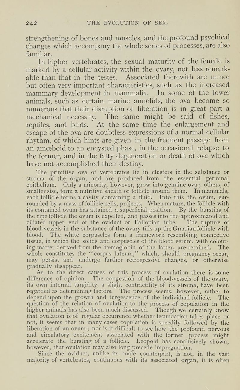 242 THE EVOLUTION OF SEX. strengthening of bones and muscles, and the profound psychical changes which accompany the whole series of processes, are also familiar. In higher vertebrates, the sexual maturity of the female is marked by a cellular activity within the ovary, not less remark¬ able than that in the testes. Associated therewith are minor but often very important characteristics, such as the increased mammary development in mammalia. In some of the lower animals, such as certain marine annelids, the ova become so numerous that their disruption or liberation is in great part a mechanical necessity. The same might be said of fishes, reptiles, and birds. At the same time the enlargement and escape of the ova are doubtless expressions of a normal cellular rhythm, of which hints are given in the frequent passage from an amoeboid to an encysted phase, in the occasional relapse to the former, and in the fatty degeneration or death of ova which have not accomplished their destiny. The primitive ova of vertebrates lie in clusters in the substance or stroma of the organ, and are produced from the essential germinal epithelium. Only a minority, however, grow into genuine ova ; others, of smaller size, form a nutritive sheath or follicle around them. In mammals, each follicle forms a cavity containing a fluid. Into this the ovum, sur¬ rounded by a mass of follicle cells, projects. When mature, the follicle with its contained ovum has attained a superficial position. By the bursting of the ripe follicle the ovum is expelled, and passes into the approximated and ciliated upper end of the oviduct or Fallopian tube. The rupture of blood-vessels in the substance of the ovary fills up the Graafian follicle with blood. The white corpuscles form a framework resembling connective tissue, in which the solids and corpuscles of the blood serum, with colour¬ ing matter derived from the hœmoglobin of the latter, are retained. The whole constitutes the corpus luteum, which, should pregnancy occur, may persist and undergo further retrogressive changes, or otherwise gradually disappear. As to the direct causes of this process of ovulation there is some difference of opinion. The congestion of the blood-vessels of the ovary, its own internal turgidity, a slight contractility of its stroma, have been regarded as determining factors. The process seems, however, rather to depend upon the growth and turgescence of the individual follicle. The question of the relation of ovulation to the process of copulation in the higher animals has also been much discussed. Though we certainly know that ovulation is of regular occurrence whether fecundation takes place or not, it seems that in many cases copulation is speedily followed by the liberation of an ovum ; nor is it difficult to see how the profound nervous and circulatory excitement associated with the former process might accelerate the bursting of a follicle. Leopold has conclusively shown, however, that ovulation may also long precede impregnation. Since the oviduct, unlike its male counterpart, is not, in the vast majority of vertebrates, continuous with its associated organ, it is often