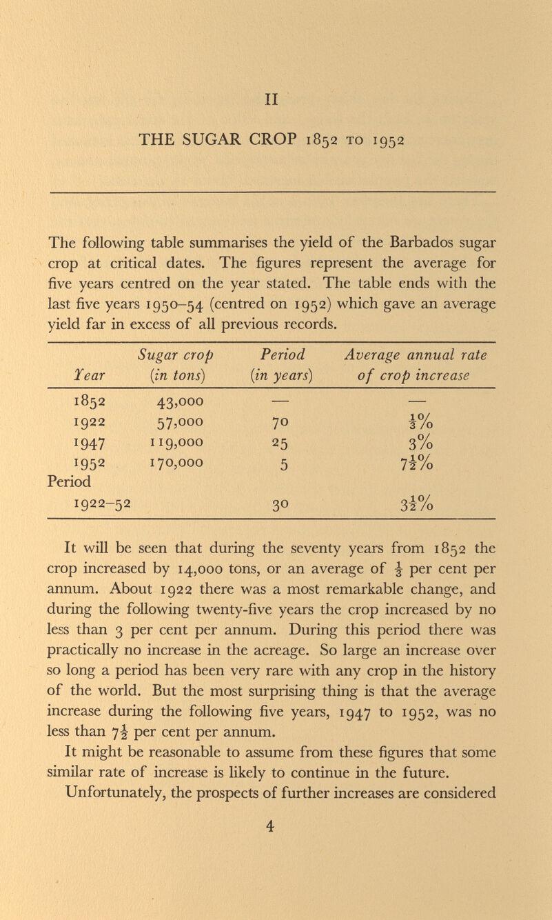 II THE SUGAR CROP 1852 то 1952 The following table summarises the yield of the Barbados sugar crop at critical dates. The figures represent the average for five years centred on the year stated. The table ends with the last five years 1950-54 (centred on 1952) which gave an average yield far in excess of all previous records. It will be seen that during the seventy years from 1852 the crop increased by 14,000 tons, or an average of ^ per cent per annum. About 1922 there was a most remarkable change, and during the following twenty-five years the crop increased by no less than 3 per cent per annum. During this period there was practically no increase in the acreage. So large an increase over so long a period has been very rare with any crop in the history of the world. But the most surprising thing is that the average increase during the following five years, 1947 to 1952, was no less than 7^ per cent per annum. It might be reasonable to assume from these figures that some similar rate of increase is likely to continue in the future. Unfortunately, the prospects of further increases are considered 4