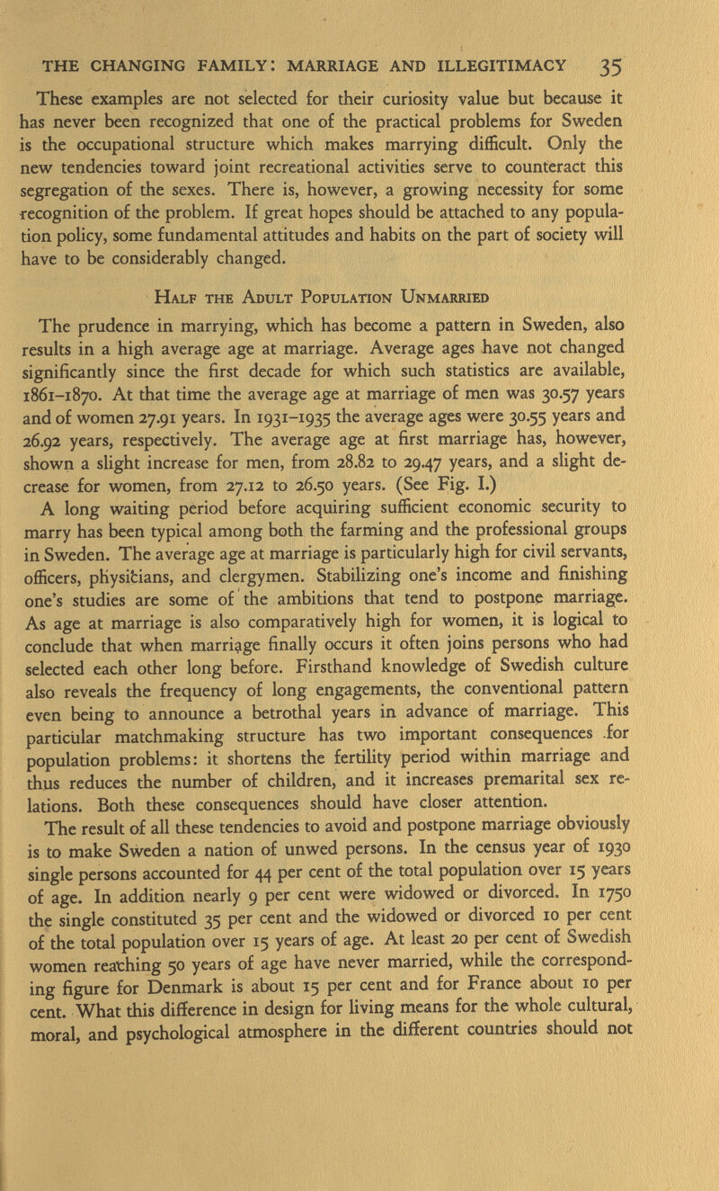 These examples are not selected for their curiosity value but because it has never been recognized that one of the practical problems for Sweden is the occupational structure which makes marrying difficult. Only the new tendencies toward joint recreational activities serve to counteract this segregation of the sexes. There is, however, a growing necessity for some recognition of the problem. If great hopes should be attached to any popula tion policy, some fundamental attitudes and habits on the part of society will have to be considerably changed. Half the Adult Population Unmarried The prudence in marrying, which has become a pattern in Sweden, also results in a high average age at marriage. Average ages have not changed significantly since the first decade for which such statistics are available, 1861-1870. At that time the average age at marriage of men was 30.57 years and of women 27.91 years. In 1931-1935 the average ages were 30.55 years and 26.92 years, respectively. The average age at first marriage has, however, shown a slight increase for men, from 28.82 to 29.47 y ears > and a slight de crease for women, from 27.12 to 26.50 years. (See Fig. I.) A long waiting period before acquiring sufficient economic security to marry has been typical among both the farming and the professional groups in Sweden. The average age at marriage is particularly high for civil servants, officers, physicians, and clergymen. Stabilizing one's income and finishing one's studies are some of the ambitions that tend to postpone marriage. As age at marriage is also comparatively high for women, it is logical to conclude that when marriage finally occurs it often joins persons who had selected each other long before. Firsthand knowledge of Swedish culture also reveals the frequency of long engagements, the conventional pattern even being to announce a betrothal years in advance of marriage. This particular matchmaking structure has two important consequences .for population problems: it shortens the fertility period within marriage and thus reduces the number of children, and it increases premarital sex re lations. Both these consequences should have closer attention. The result of all these tendencies to avoid and postpone marriage obviously is to make Sweden a nation of unwed persons. In the census year of 1930 single persons accounted for 44 per cent of the total population over 15 years of age. In addition nearly 9 per cent were widowed or divorced. In 1750 the single constituted 35 per cent and the widowed or divorced 10 per cent of the total population over 15 years of age. At least 20 per cent of Swedish women reathing 50 years of age have never married, while the correspond ing figure for Denmark is about 15 per cent and for France about 10 per cent. What this difference in design for living means for the whole cultural, moral, and psychological atmosphere in the different countries should not