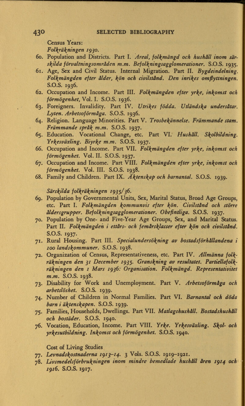 Census Years: Folfaàfaiingen 1930. 60. Population and Districts. Part I. Areal, folfanängd och hushâll inom sär- sfalda förvaltningsomrâden m.m. Befolfaningsagglomerationer. S.O.S. 1935. 61. Age, Sex and Civil Status. Internal Migration. Part II. Bygdeindelning. Folfanängden efter Uder, fan och civilstànd. Den inri fas omfiyttningen, S.O.S. 1936. 62. Occupation and Income. Part III. Folfanängden efter yrfa, infamst och förmögenhet, Vol. I. S.O.S. 1936. 63. Foreigners. Invalidity. Part IV. U tri fas födda. Uiländsfa undersätar. Lyten. Arbetsoförm&ga. S.O.S. 1936. 64. Religion. Language Minorities. Part V. Trosbefannelse. Främmande stam. Främmande sprà\ m.m. S.O.S. 1937. 65. Education. Vocational Change, etc. Part VI. Hushâll. Sfalbildning. Y rfasväxling. Biyrfa m.m. S.O.S. 1937. 66. Occupation and Income. Part VII. Folkmängden efter yrfa, infamst och förmögenhet. Vol. II. S.O.S. 1937. 67. Occupation and Income. Part VIII. Folkmängden efter yrfa, in^omst och förmögenhet. Vol. III. S.O.S. 1938. 68. Family and Children. Part IX. Äfaensfaip och barnantal. S.O.S. 1939. Särsfalda folfaräfaiingen 1935/36. 69. Population by Governmental Units, Sex, Marital Status, Broad Age Groups, etc. Part I. Folfanängden fammunvis efter faön. Civilstànd och större aidersgrupper. Befolfaningsagglomerationer. Obefintliga. S.O.S. 1937. 70. Population by One- and Five-Year Age Groups, Sex, and Marital Status. Part II. Folfanängden i ettârs- och femârsfaasser efter faön och civilstànd. S.O.S. 1937. 71. Rural Housing. Part III. Specialundersöfaning av bostadsförhällandena i ioo landsfammuner. S.O.S. 1938. 72. Organization of Census, Representativeness, etc. Part IV. Allmänna folfa räfaiingen den 31 December 1935. Gransfaiing av resultatet. Partiellafolfa räfaningen den 1 Mars 1936: Organisation. Folfanängd. Representativitet m.m. S.O.S. 1938. 73. Disability for Work and Unemployment. Part V. Arbetsoförmäga och arbetslöshet. S.O.S. 1939. 74. Number of Children in Normal Families. Part VI. Barnantal och döda barn i äfaensfaipen. S.O.S. 1939. 75. Families, Households, Dwellings. Part VII. Matlagshushâll. Bostadshushäll och bostäder. S.O.S. 1940. 76. Vocation, Education, Income. Part VIII. Yr\e. Yrfasväxling. Sfa>l- och yrfaesutbildning. Infamst och förmögenhet. S.O.S. 1940. Cost of Living Studies 77. Levnadskpstnaderna 1913-14. 3 Vols. S.O.S. 1919-1921. 78. Livsmedelsförbrufaiingen inom mindre bemedlade hushäll Aren 1914 och 1916. S.O.S. 1917.